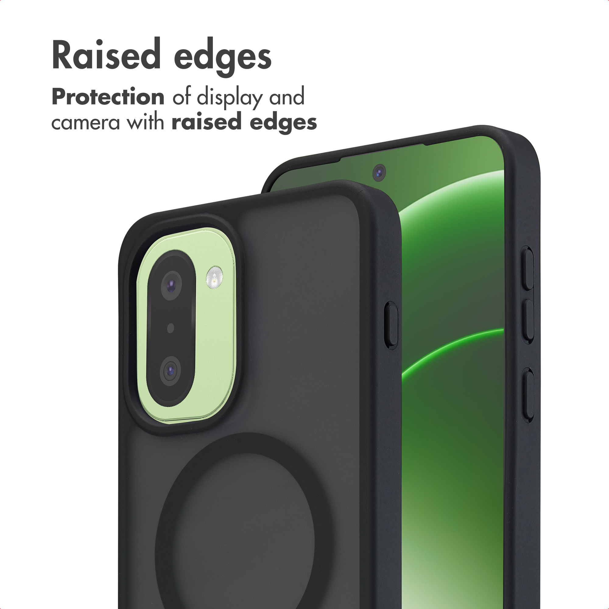 Dos fundas negras de teléfono que muestran bordes elevados.