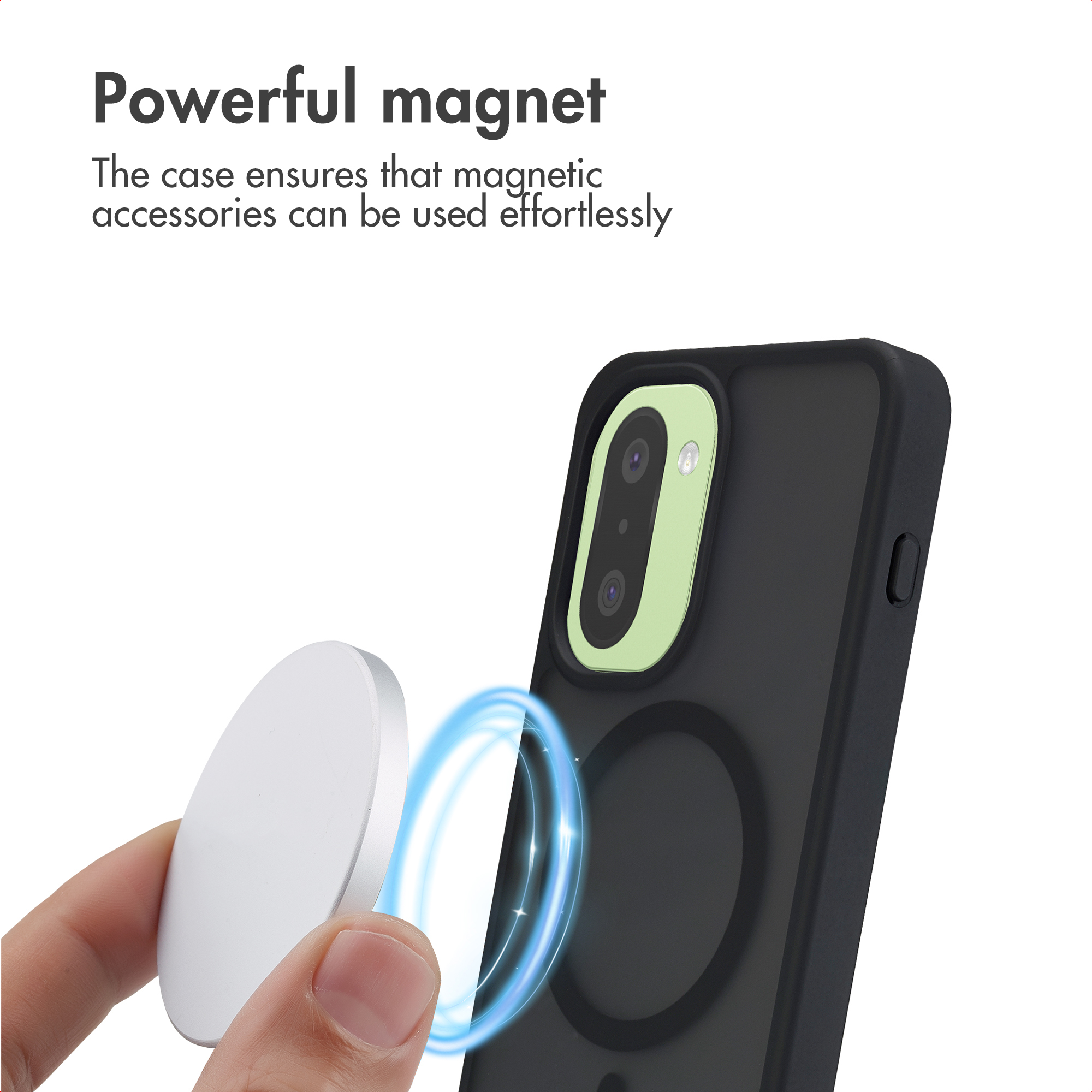 Funda para teléfono con un imán potente que atrae un disco magnético circular.