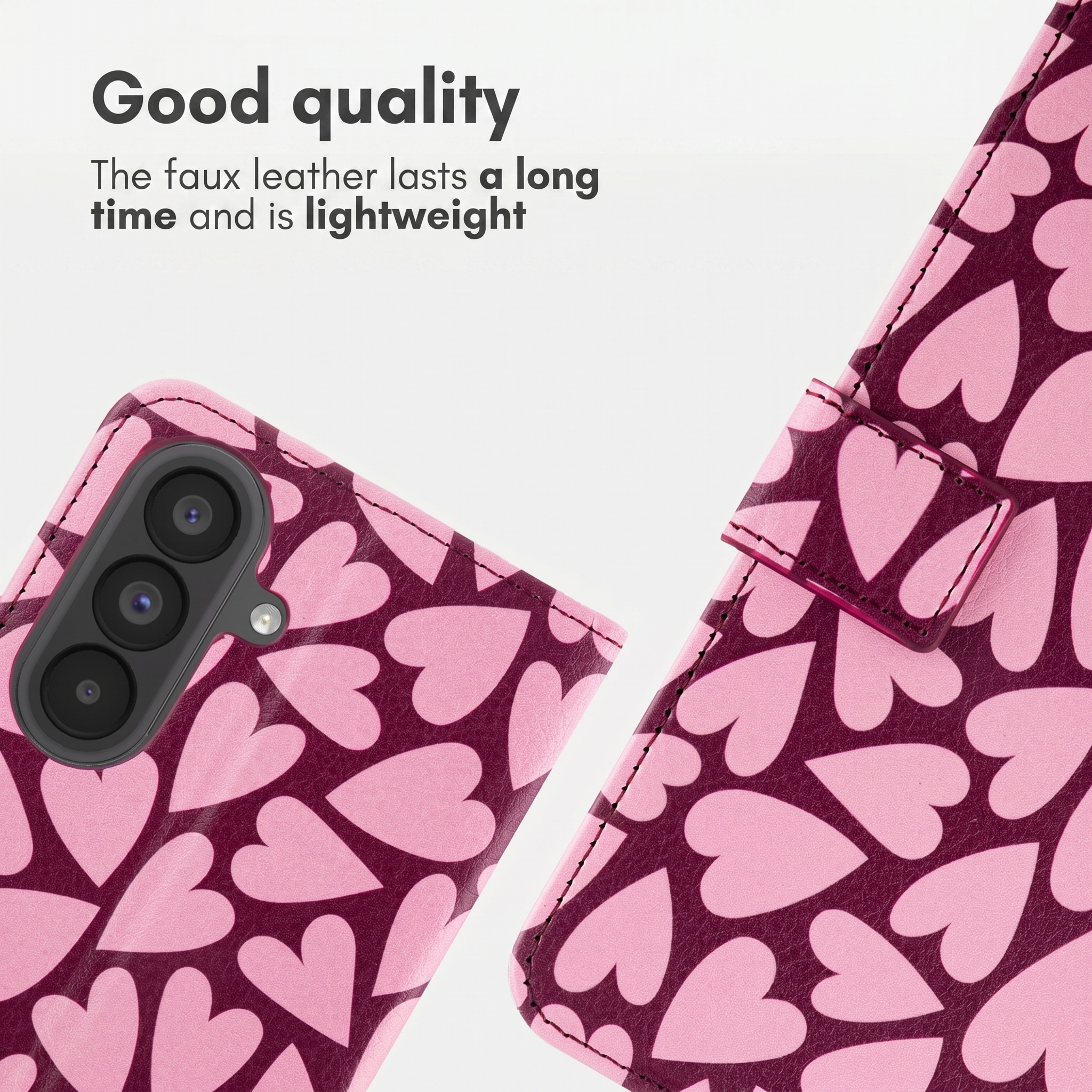 Coque de téléphone en similicuir rose et bordeaux avec motif de cœurs et texte soulignant sa qualité.