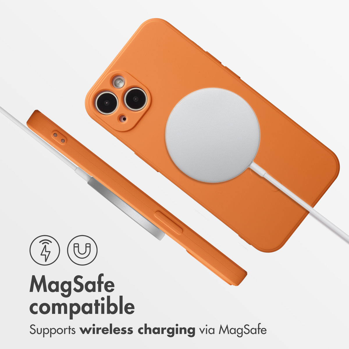 Coque de téléphone orange compatible MagSafe avec chargeur sans fil.