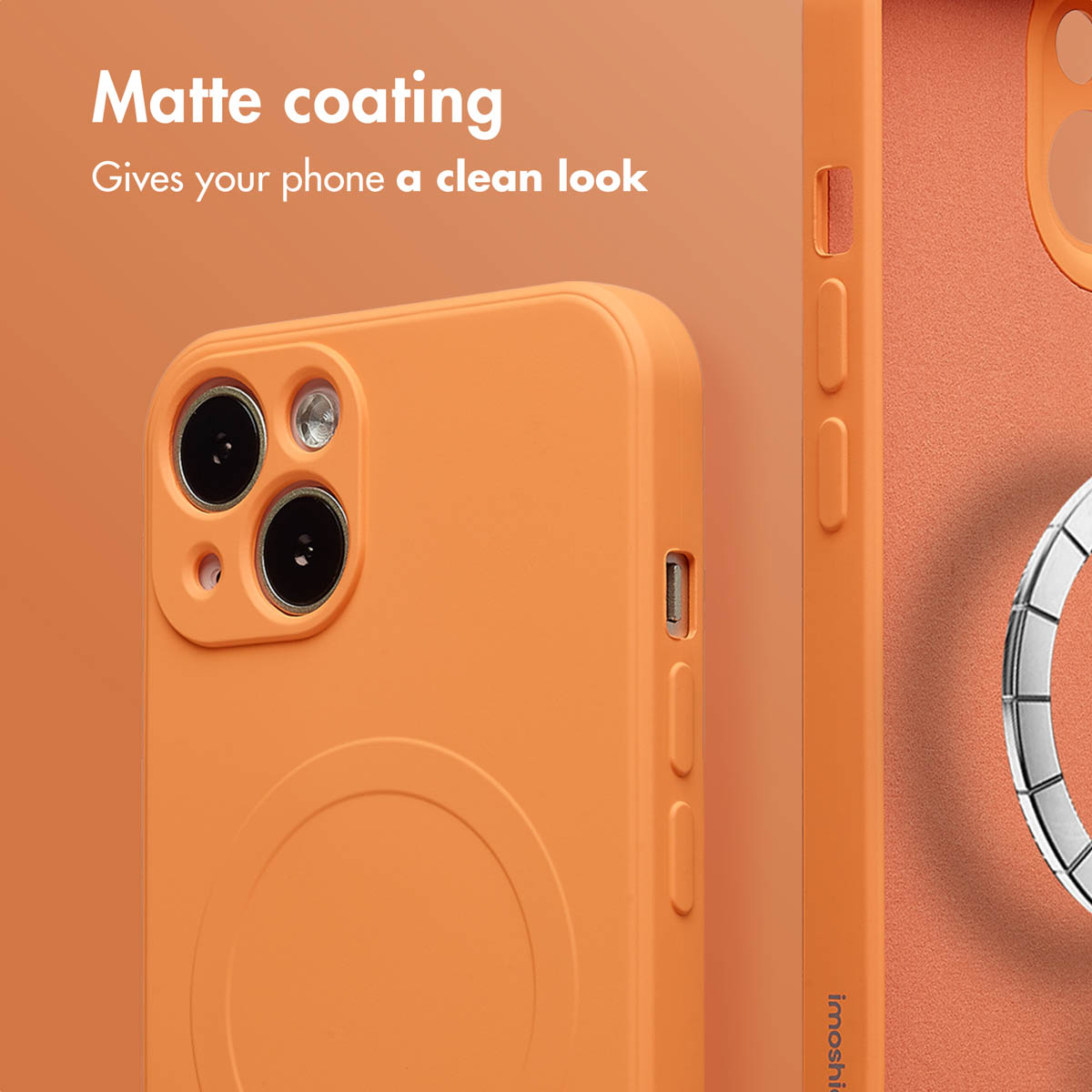 Coque de smartphone orange avec finition mate et anneau de support intégré.