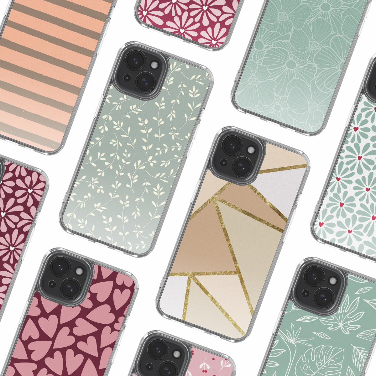 Meerdere kleurrijke smartphonehoesjes met patronen op een witte achtergrond.