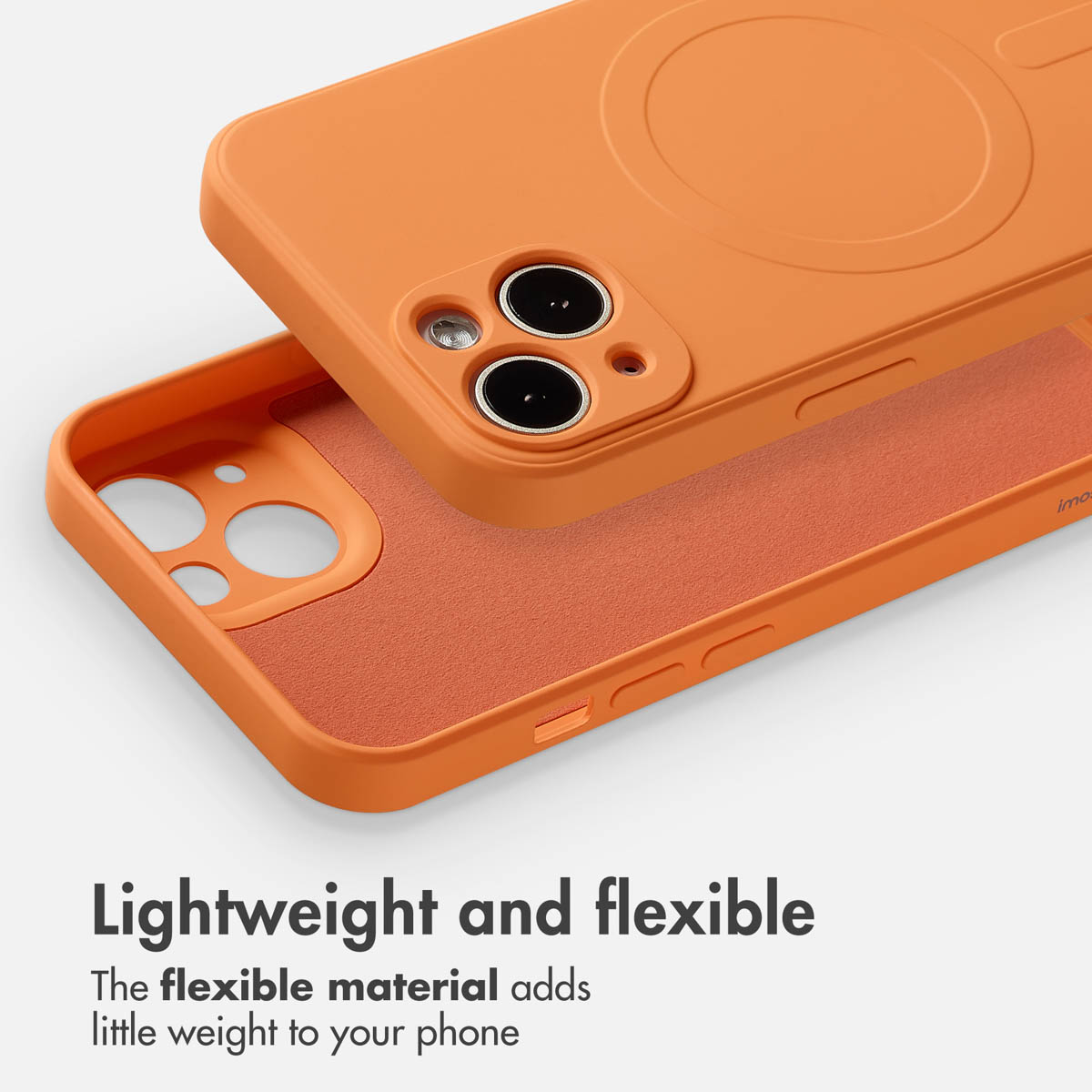 Une coque de téléphone orange et légère avec découpes pour appareil photo sur fond blanc et texte.