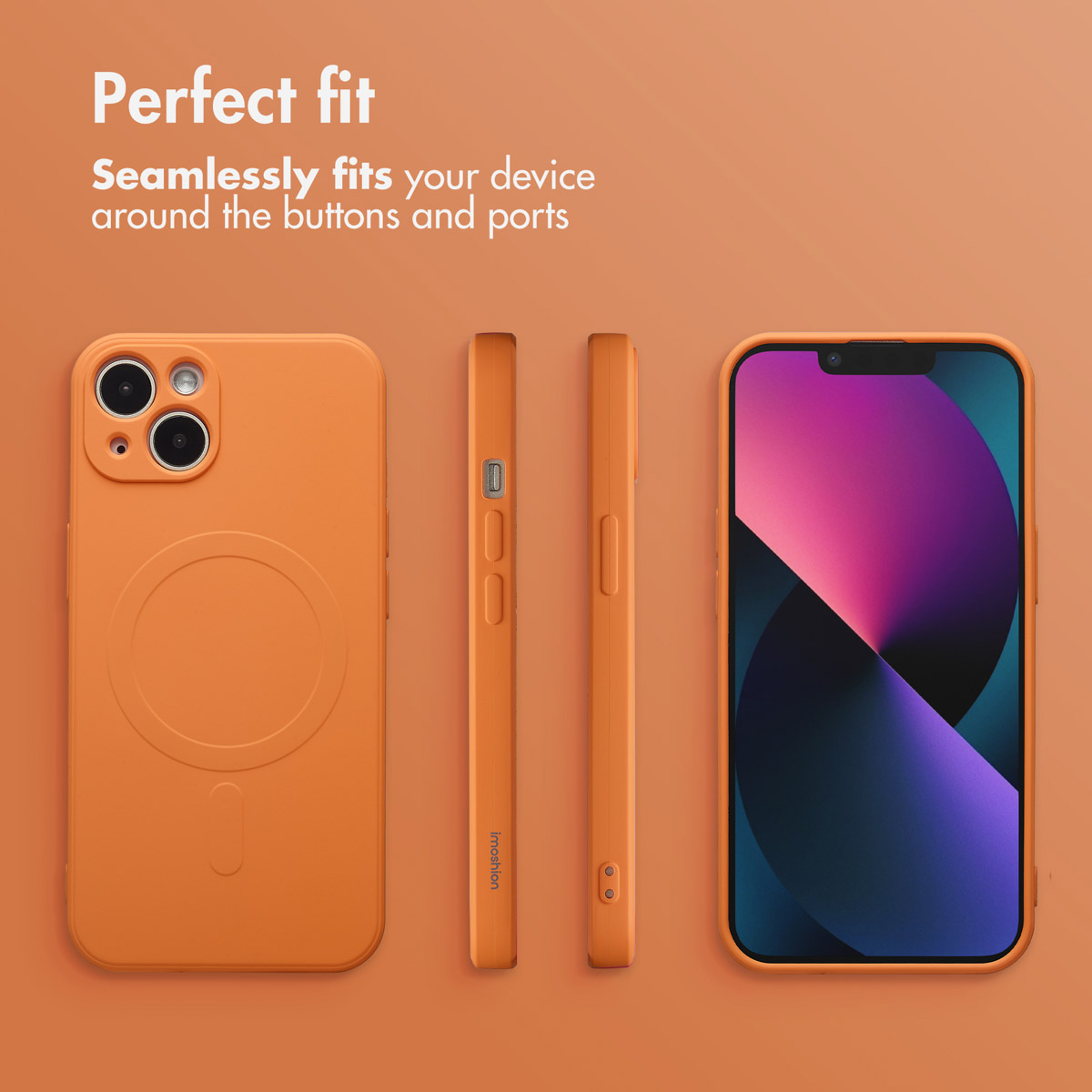 Coque de téléphone orange montrée sous plusieurs angles sur un fond orange avec texte Perfect fit.