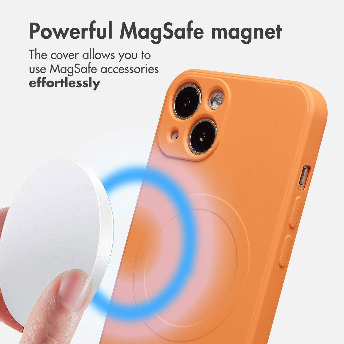 Un smartphone orange avec coque de protection et chargeur MagSafe, avec du texte au-dessus.
