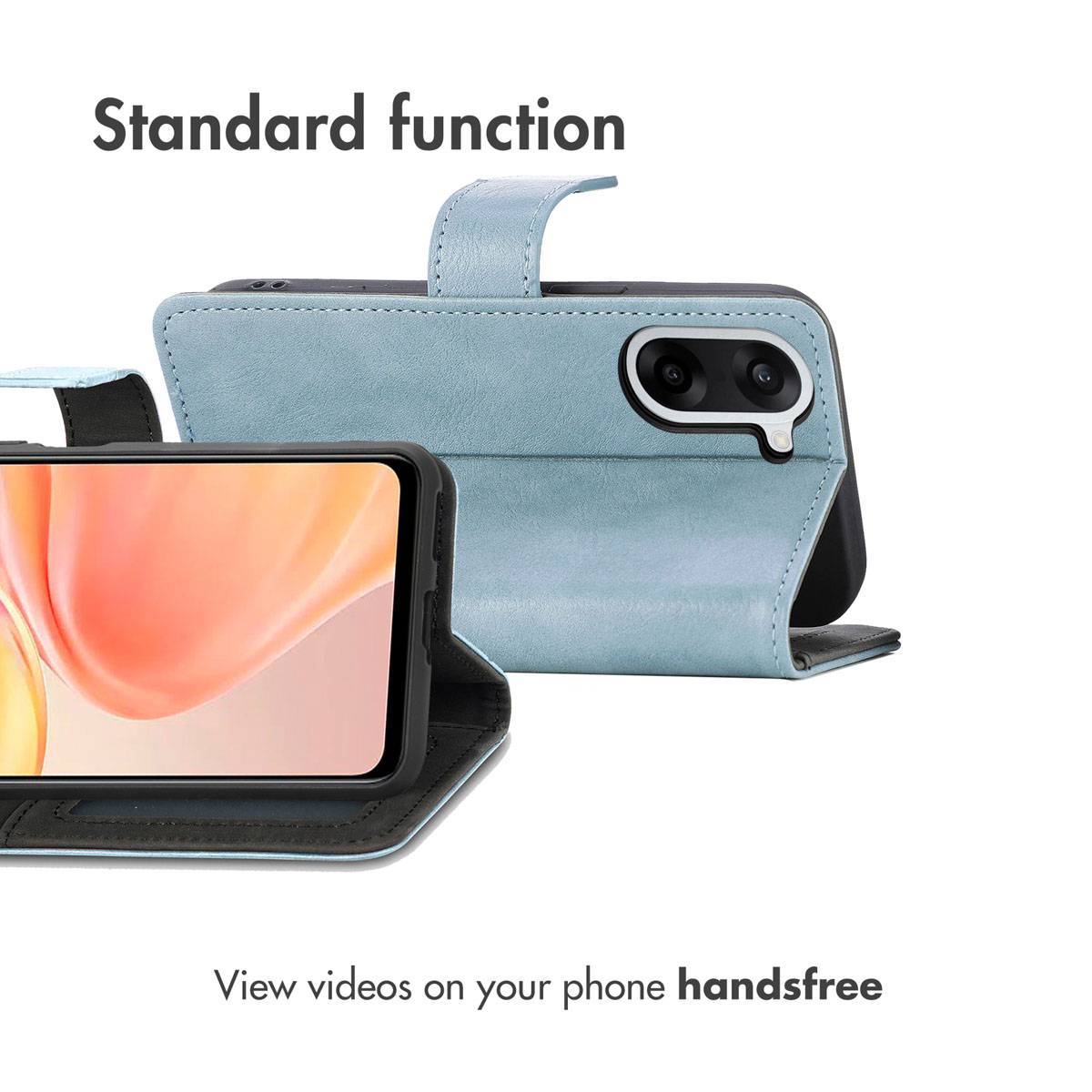 Een lichtblauwe telefoonhoes met staande functie om handfree video's te kijken.