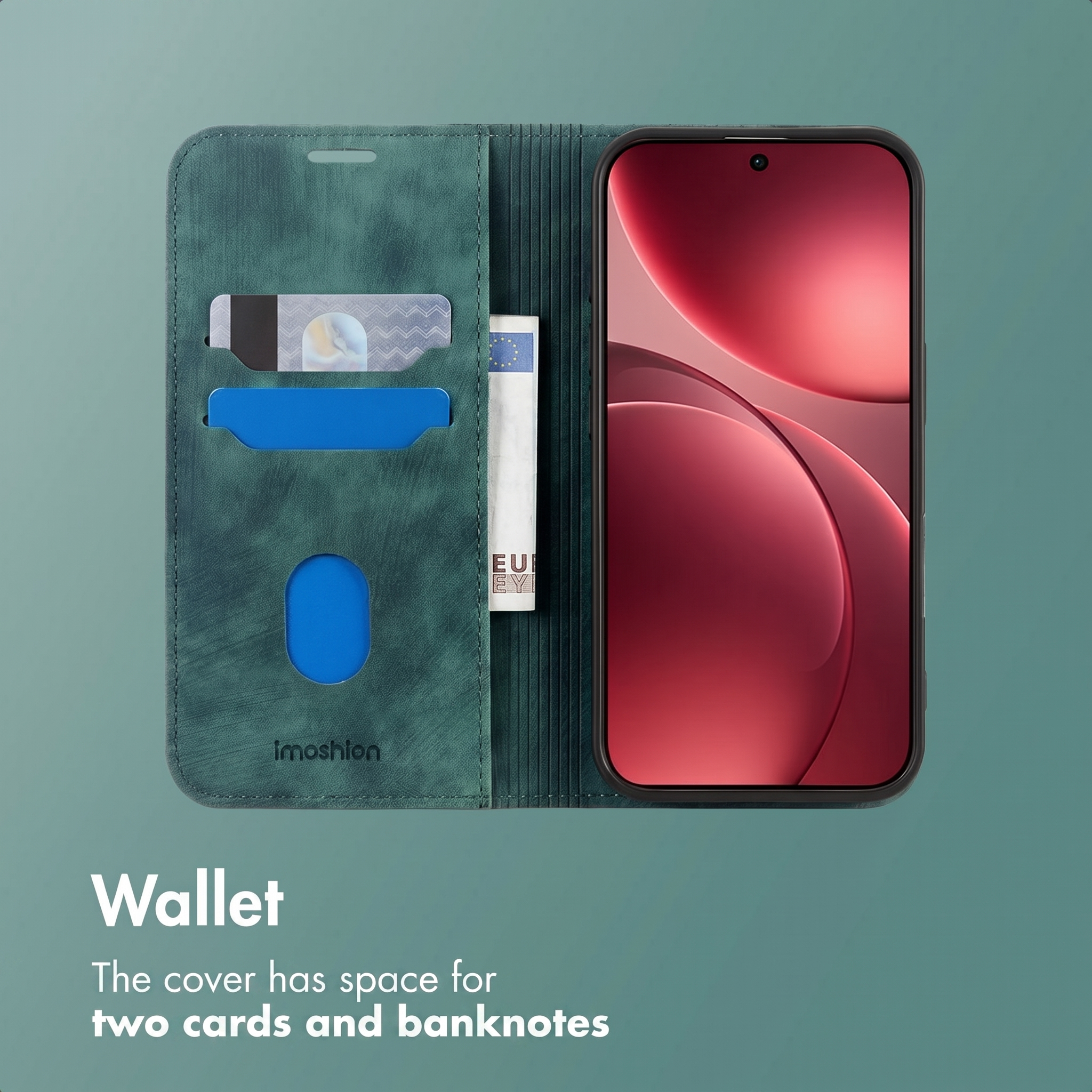 Funda de móvil tipo cartera de cuero verde abierta con ranuras para tarjetas y un billete.