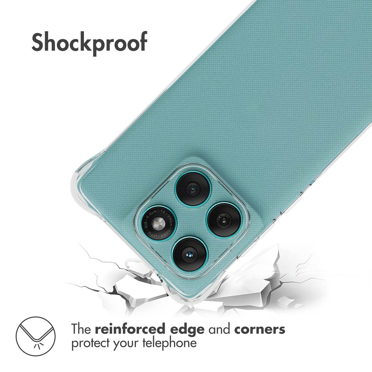 Fundá de teléfono verde azulado con cámara cuádruple sobre fondo agrietado y texto "Shockproof".