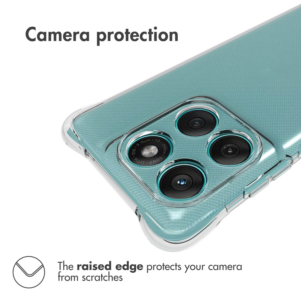 Smartphone verde en funda transparente, cámara con borde elevado.