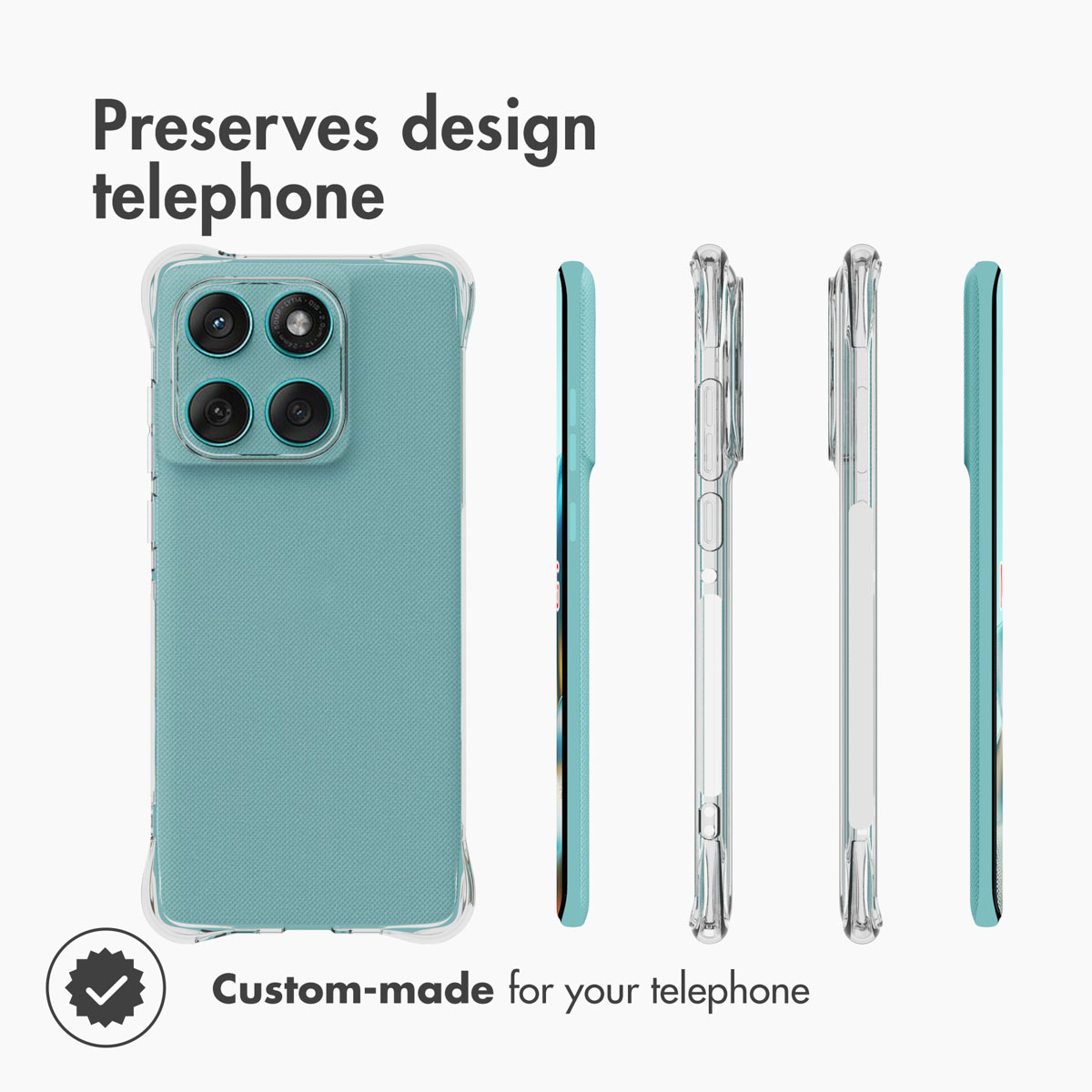 Funda protectora para teléfono azul verdoso mostrada desde varios ángulos.