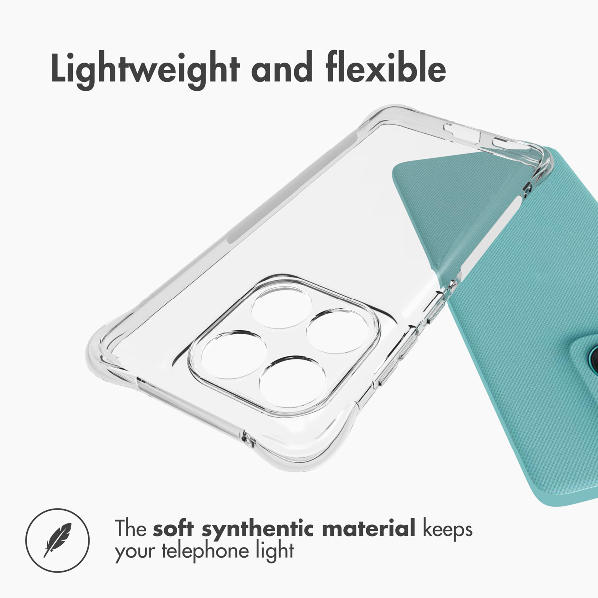 Funda de móvil transparente con cubierta turquesa y texto sobre material ligero.