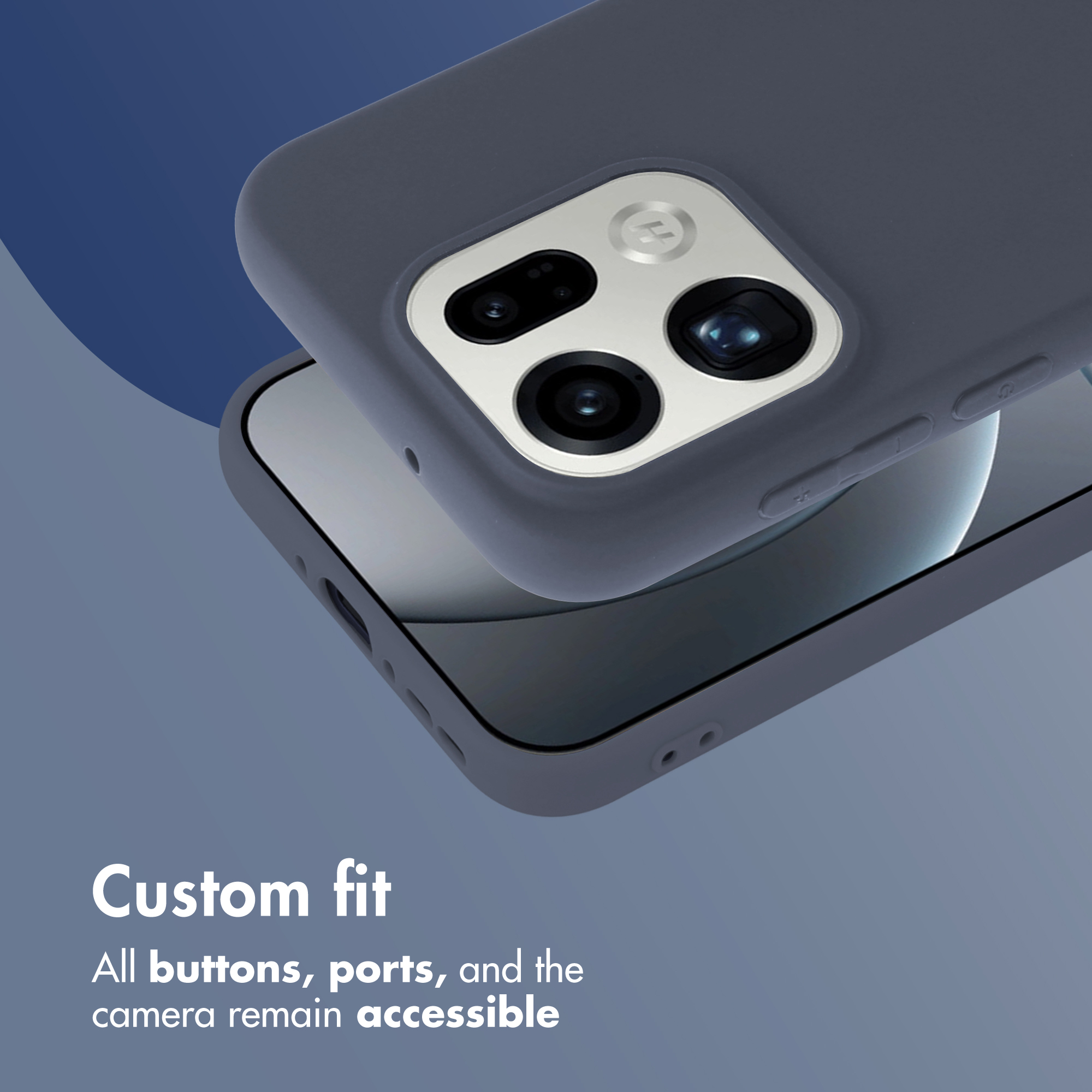 Funda de smartphone azul oscuro con módulo de cámara visible y texto "Custom fit" abajo.
