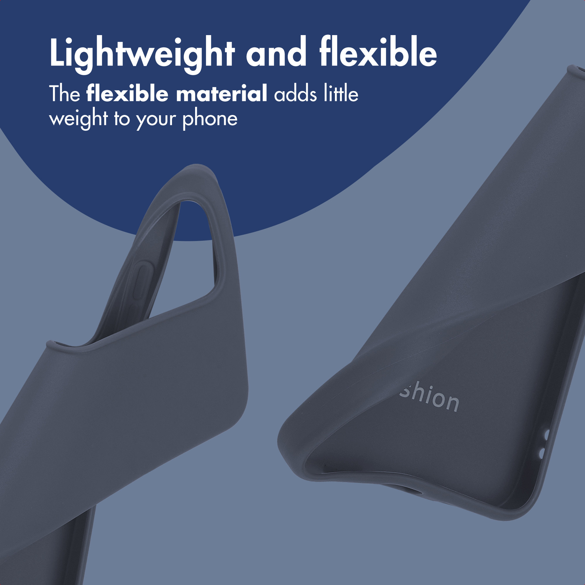 Funda de teléfono azul flexible con texto Lightweight and flexible en fondo azul.