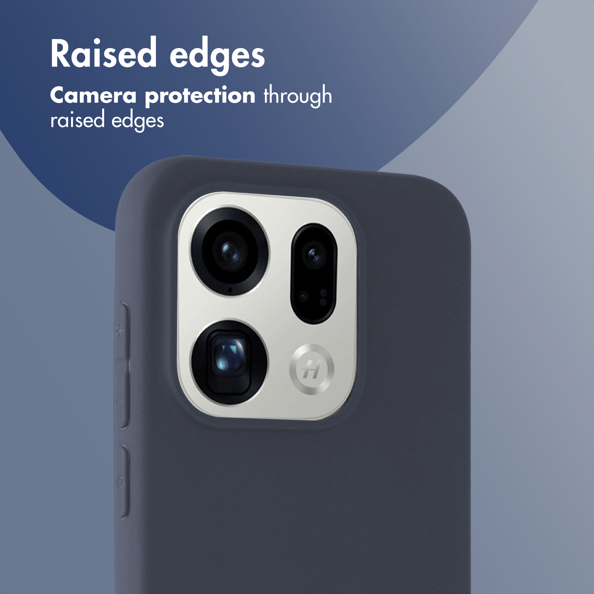 Primer plano de un smartphone con funda gris, destacando los bordes elevados alrededor de la cámara sobre fondo azul.