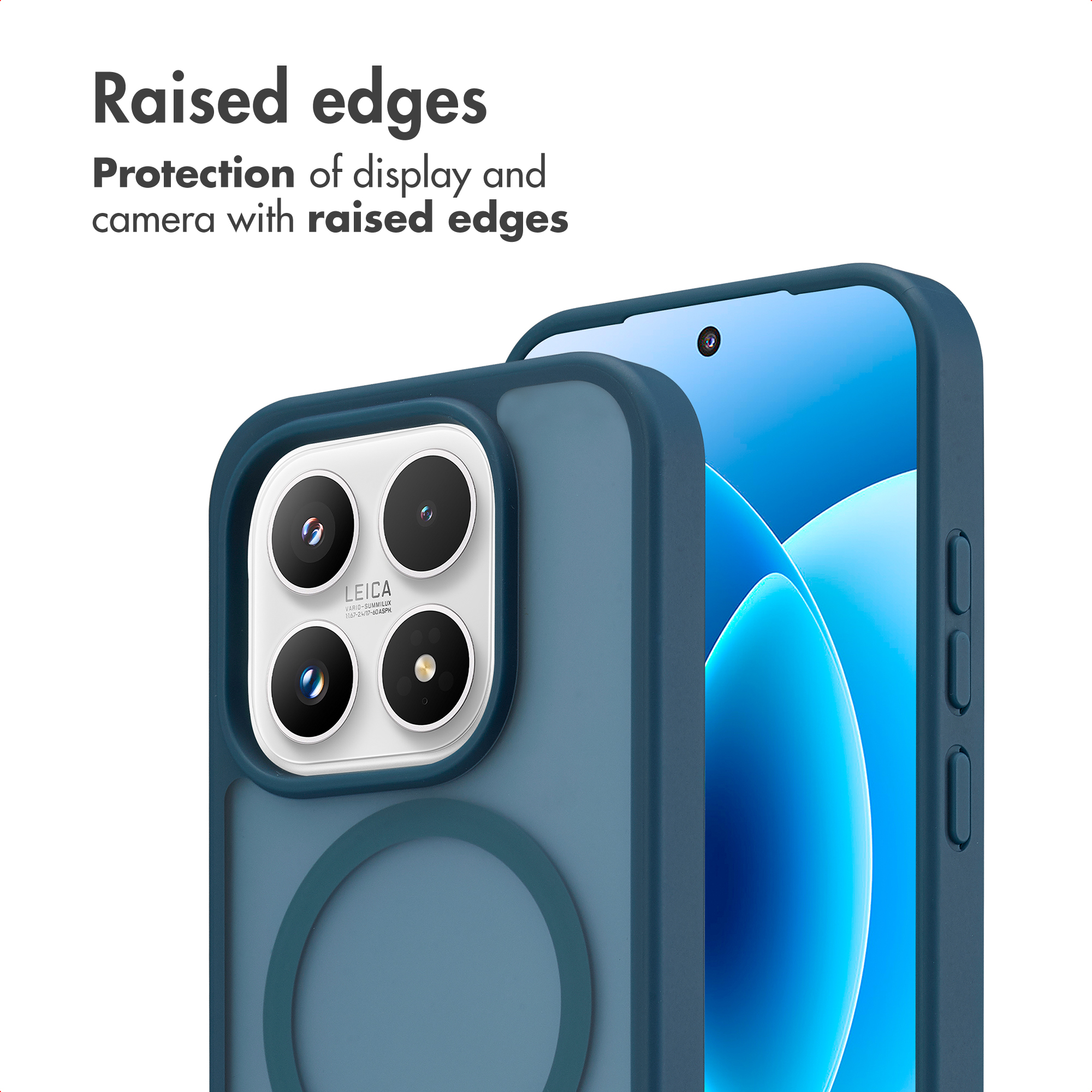 Funda protectora azul con bordes elevados para pantalla y cámara.