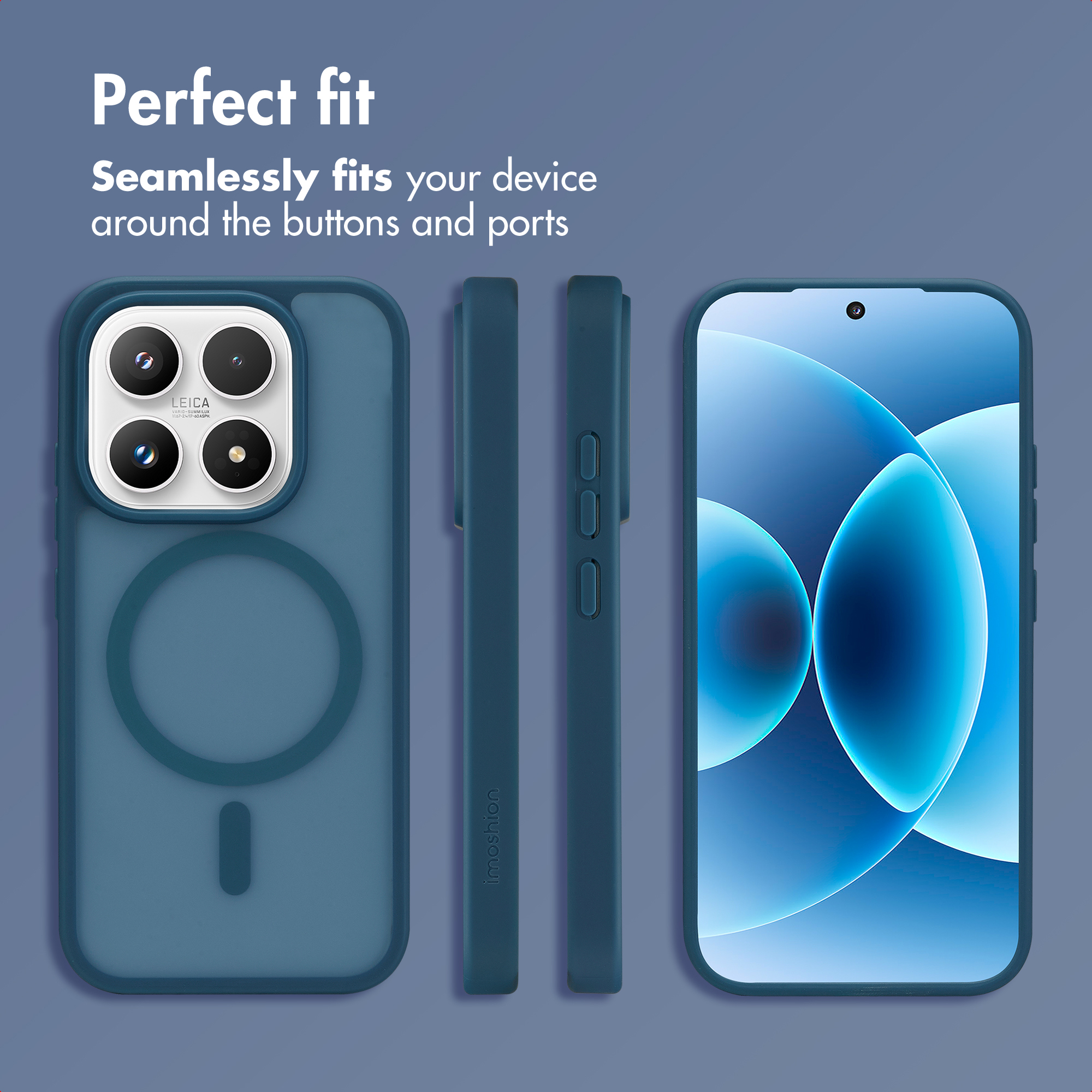 Funda de smartphone azul mostrada desde varios ángulos con texto Ajuste perfecto.