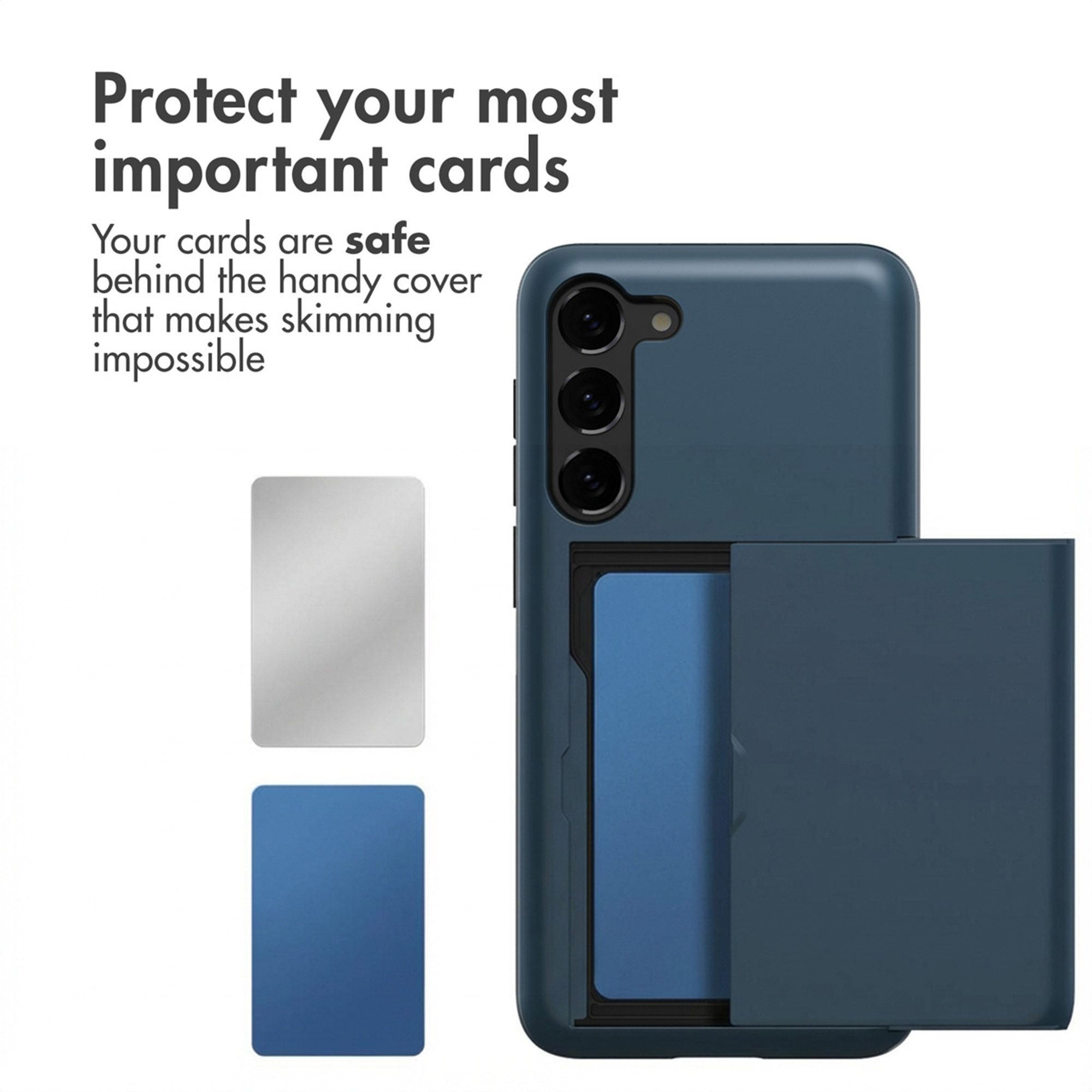 Funda de móvil azul con tarjetero integrado y protección RFID, texto sobre seguridad.