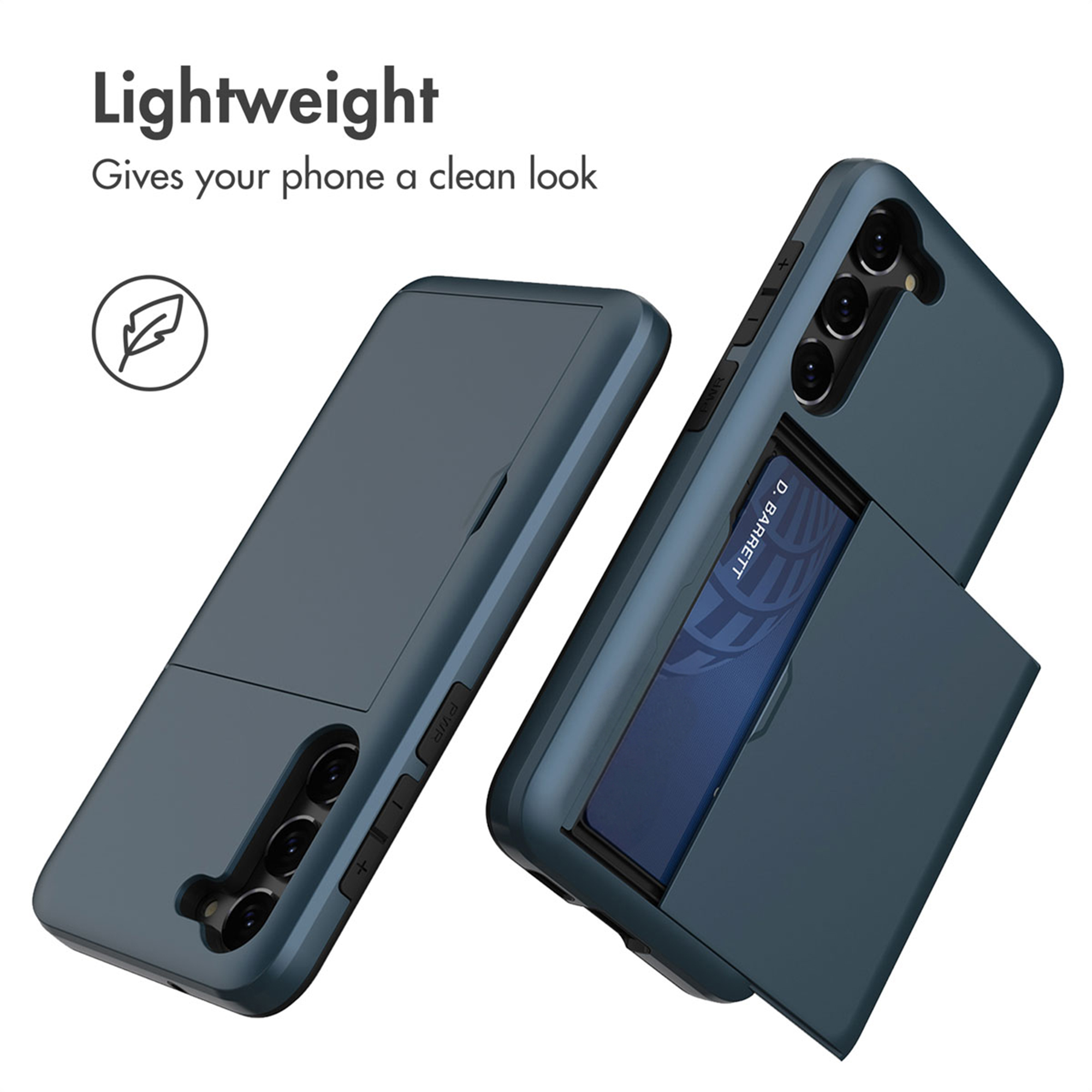 Dos fundas para teléfonos azul oscuro, una con ranura para tarjetas y tarjeta, sobre fondo blanco.