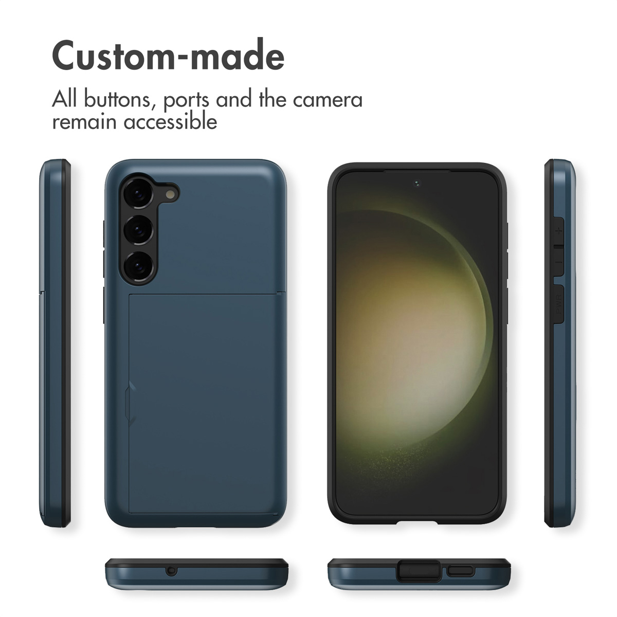 Múltiples vistas de una funda de smartphone azul oscuro con ranura para tarjetas en la parte trasera.