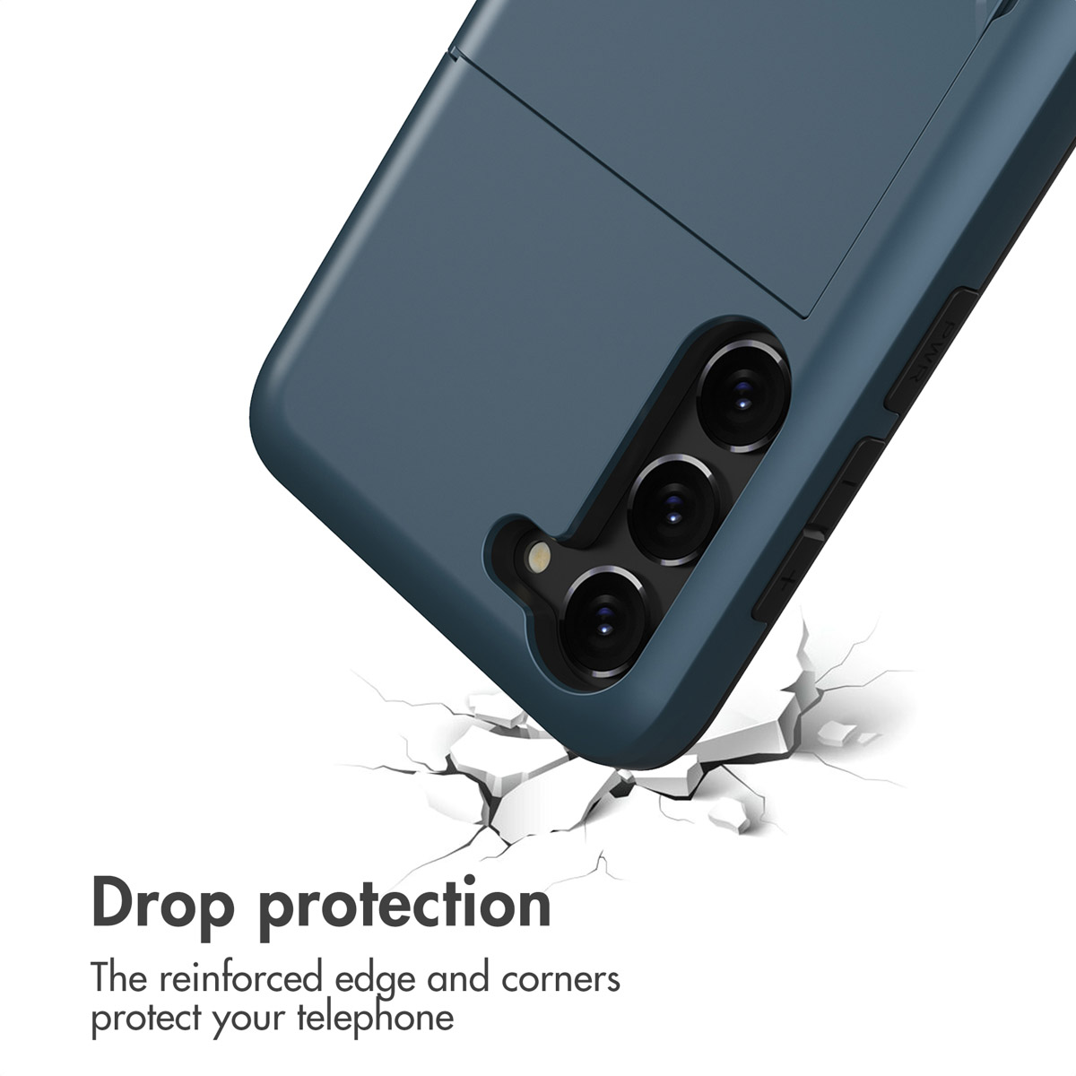 Funda de móvil azul con triple cámara golpeando superficie blanca rota, con texto abajo.