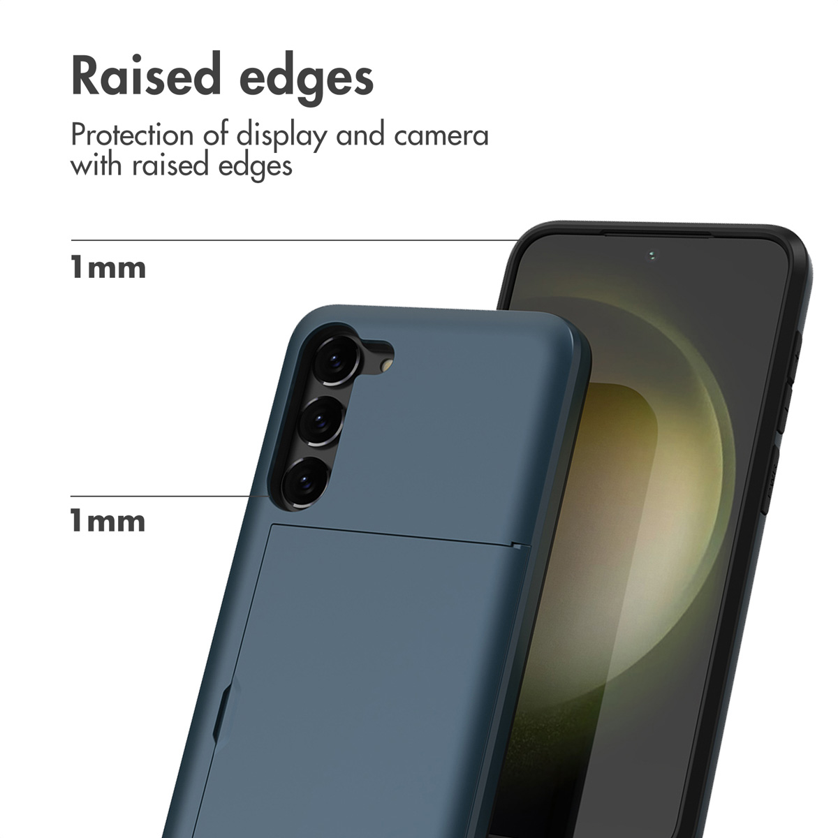 El diagrama muestra los bordes elevados de una funda azul con protección de 1 mm para cámara y pantalla.