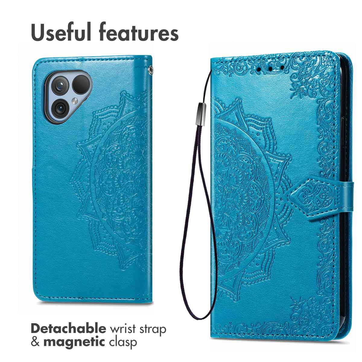 Custodia per telefono blu con motivo mandala, laccetto da polso e chiusura magnetica.