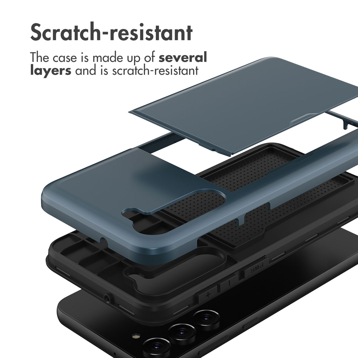 Vista despiezada de una funda de teléfono azul resistente a los arañazos y multicapa sobre un smartphone negro.
