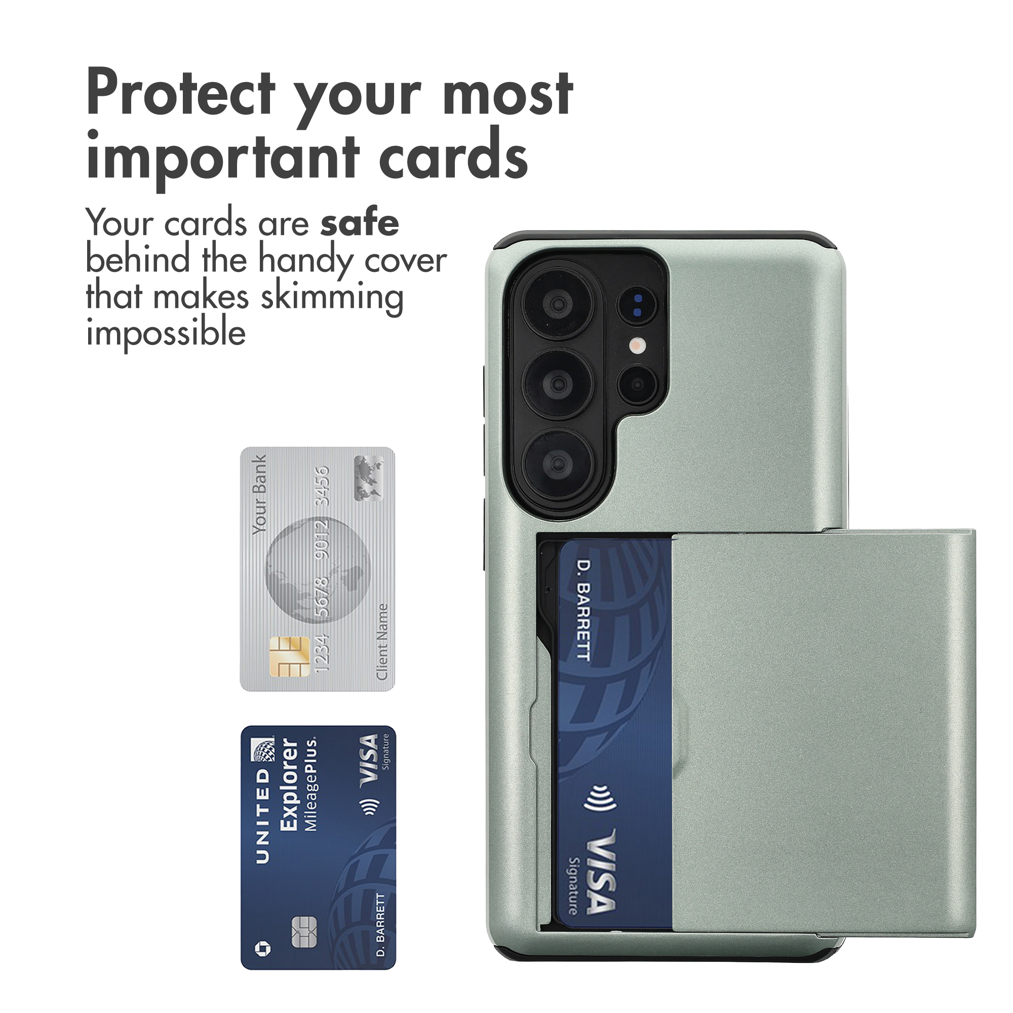 Una funda de smartphone plateada con tarjetero en la parte trasera que contiene una tarjeta Visa.