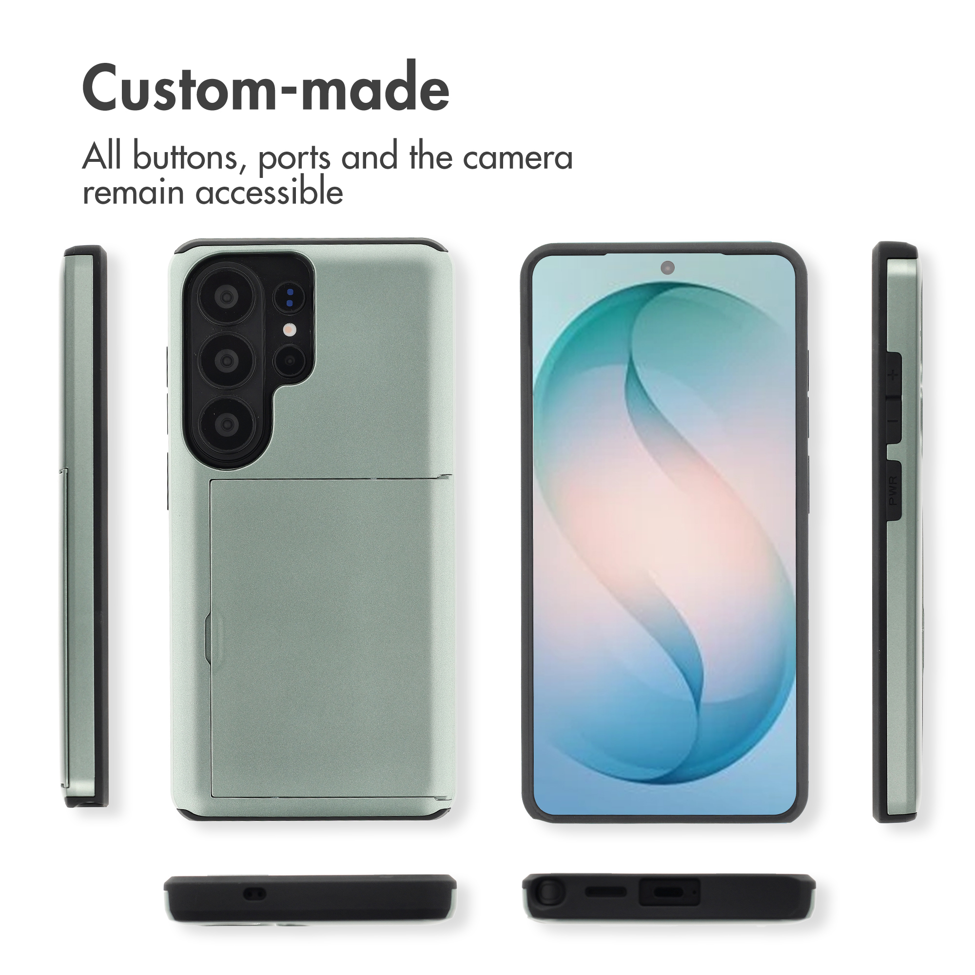 Vistas múltiples de una funda de teléfono plateada con ranura para tarjetas y acceso a botones y puertos.