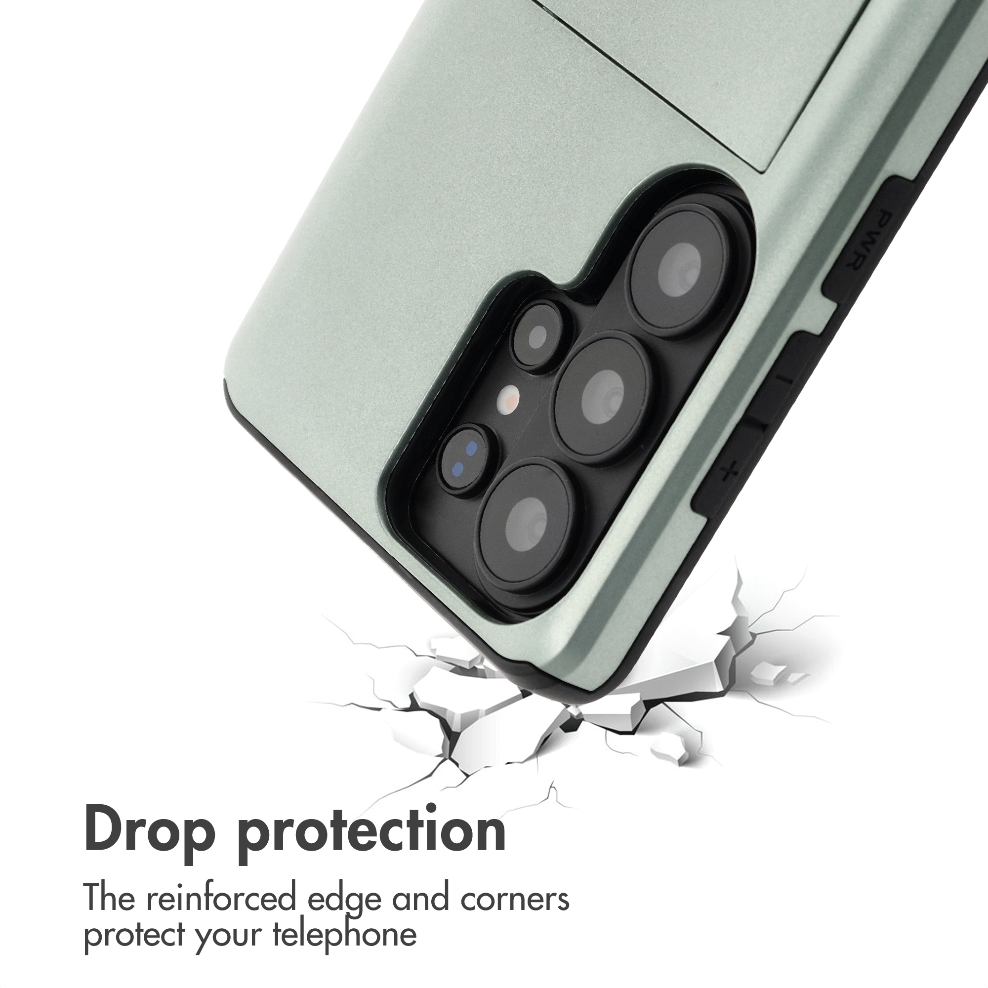 Un smartphone en una funda protectora verde sobre una superficie blanca agrietada.