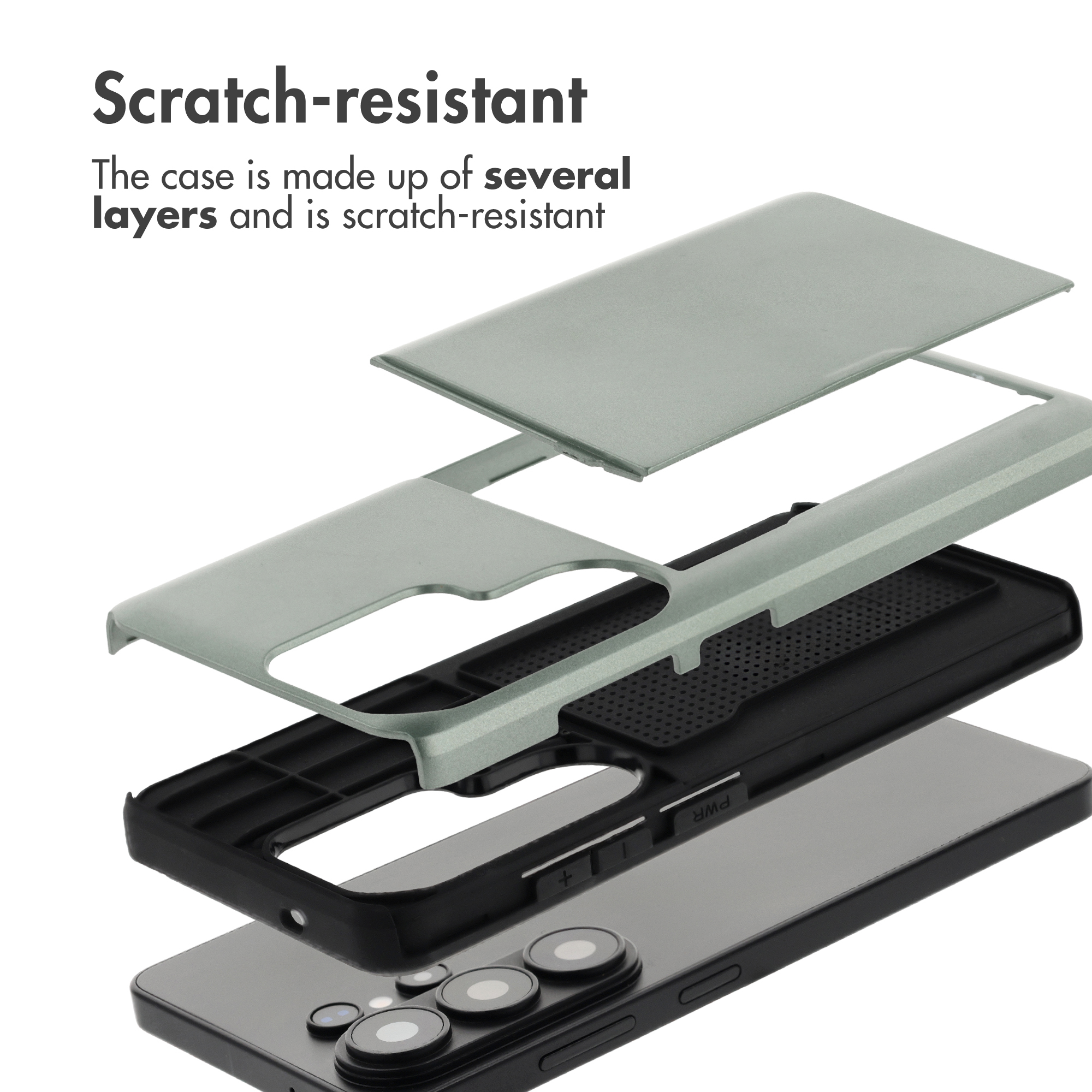Funda protectora multicapa y resistente a los arañazos que muestra sus diversas capas sobre un smartphone.