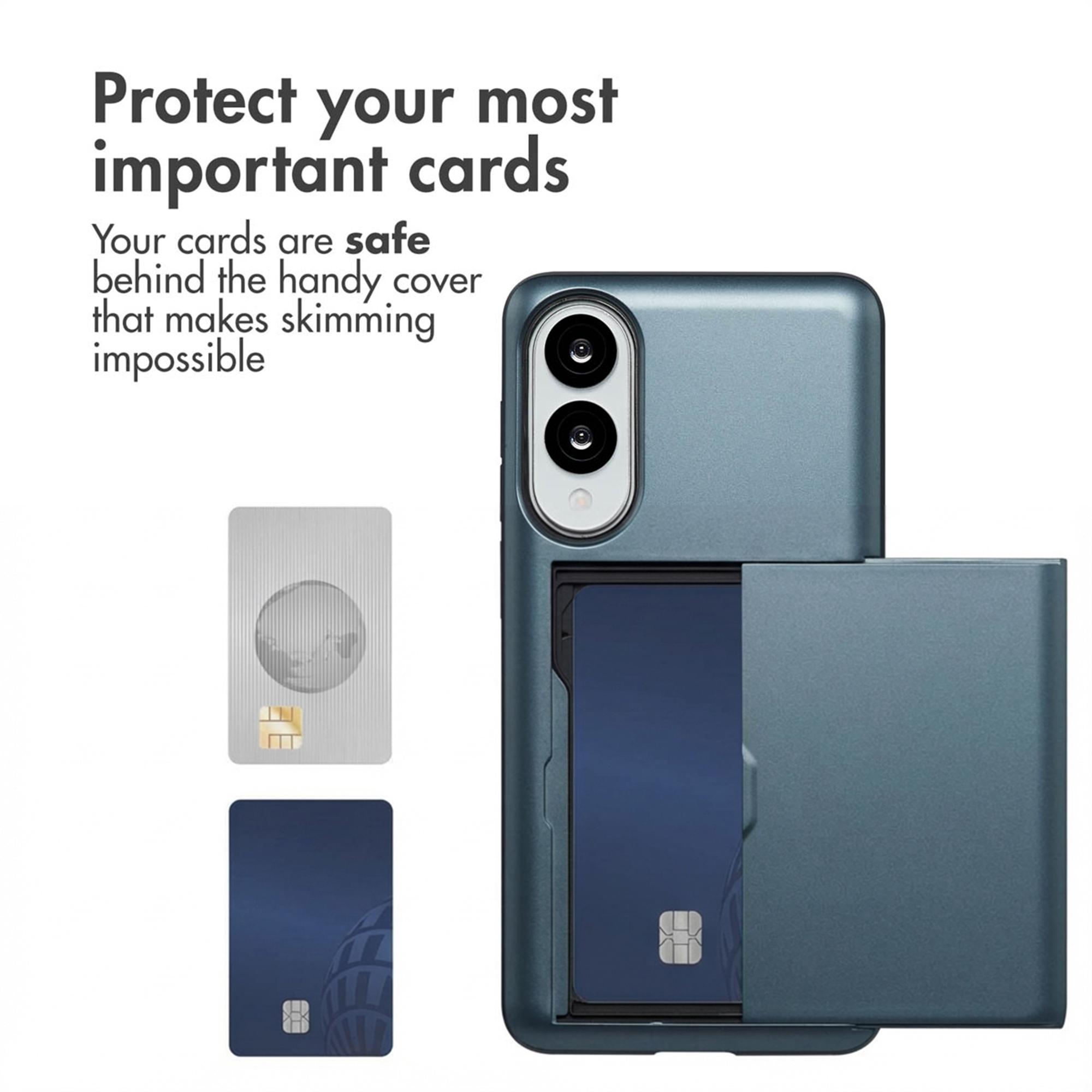 Funda de smartphone azul con tarjetero integrado y protección.