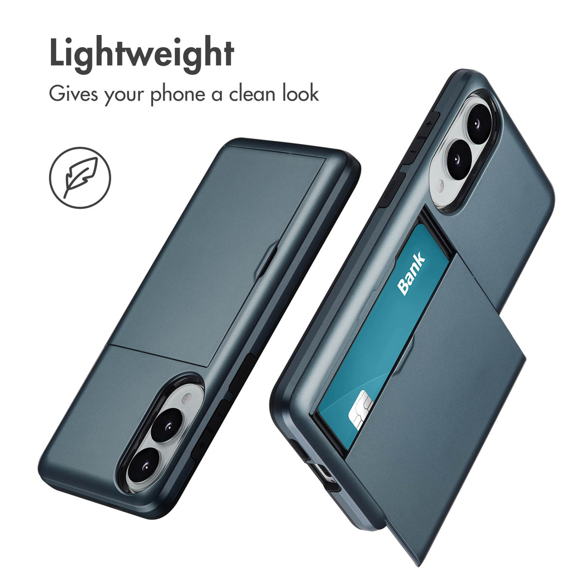 Dos fundas para smartphone azul oscuro, una con tarjetero y una tarjeta bancaria.