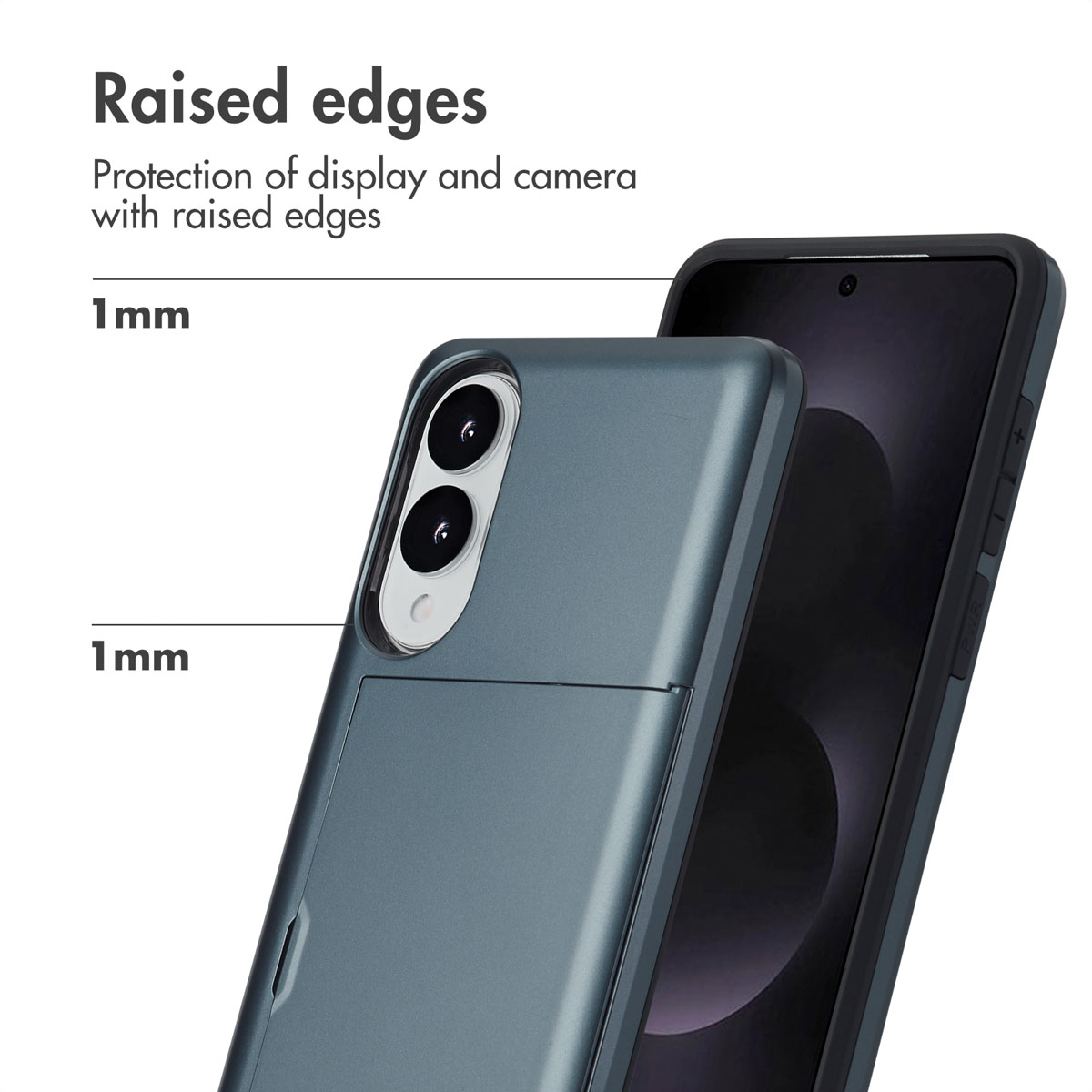 Diagrama de funda con bordes elevados de 1 mm para proteger pantalla y cámara.