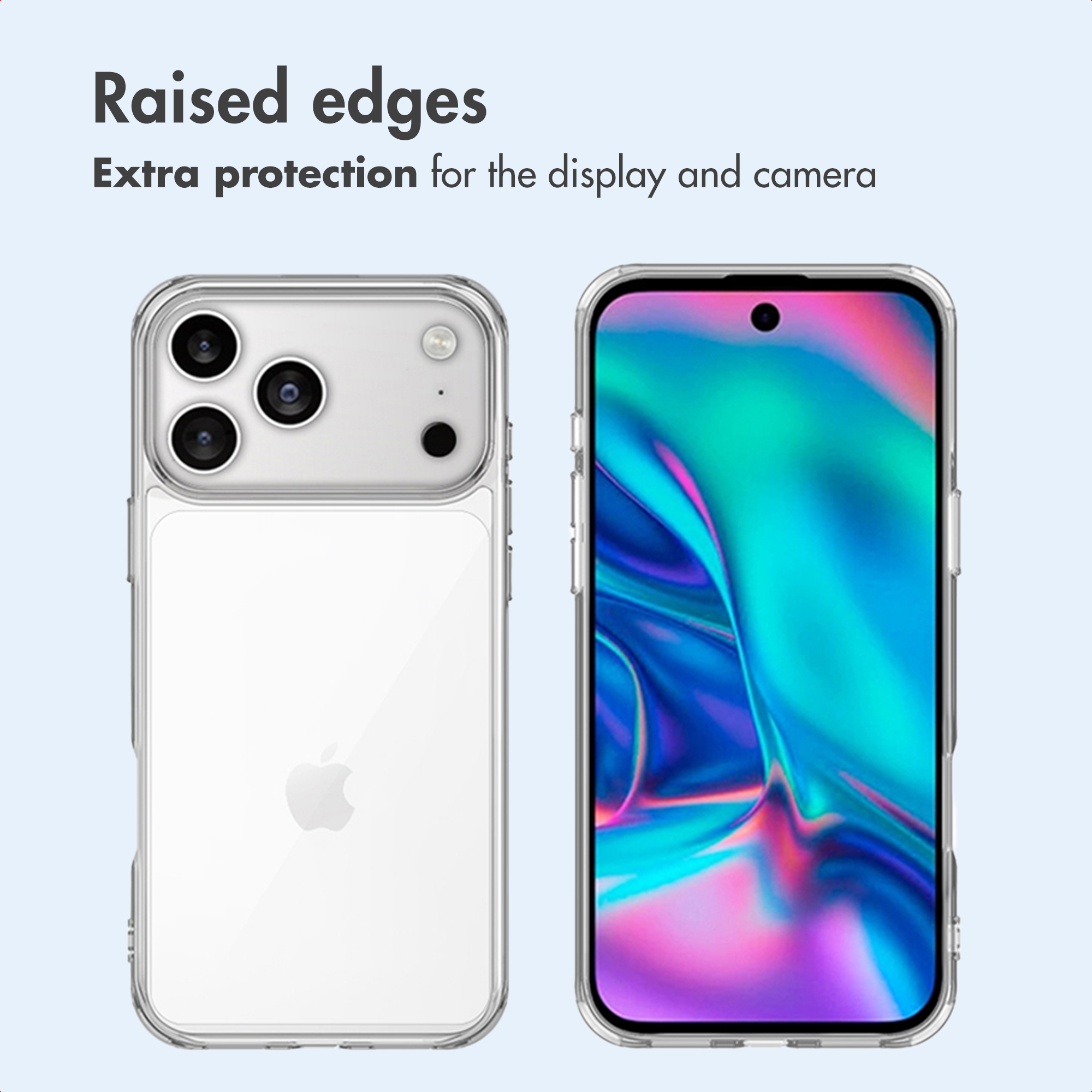 Dos smartphones en fundas transparentes muestran la parte trasera con cámara y la pantalla colorida.