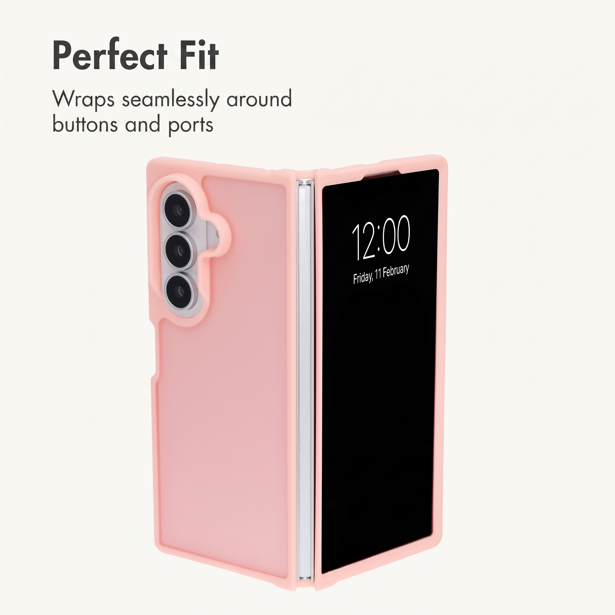Ein rosafarbener faltbarer Telefonkoffer mit dem Text 'Perfect Fit' und 'Wraps seamlessly around buttons and ports'.