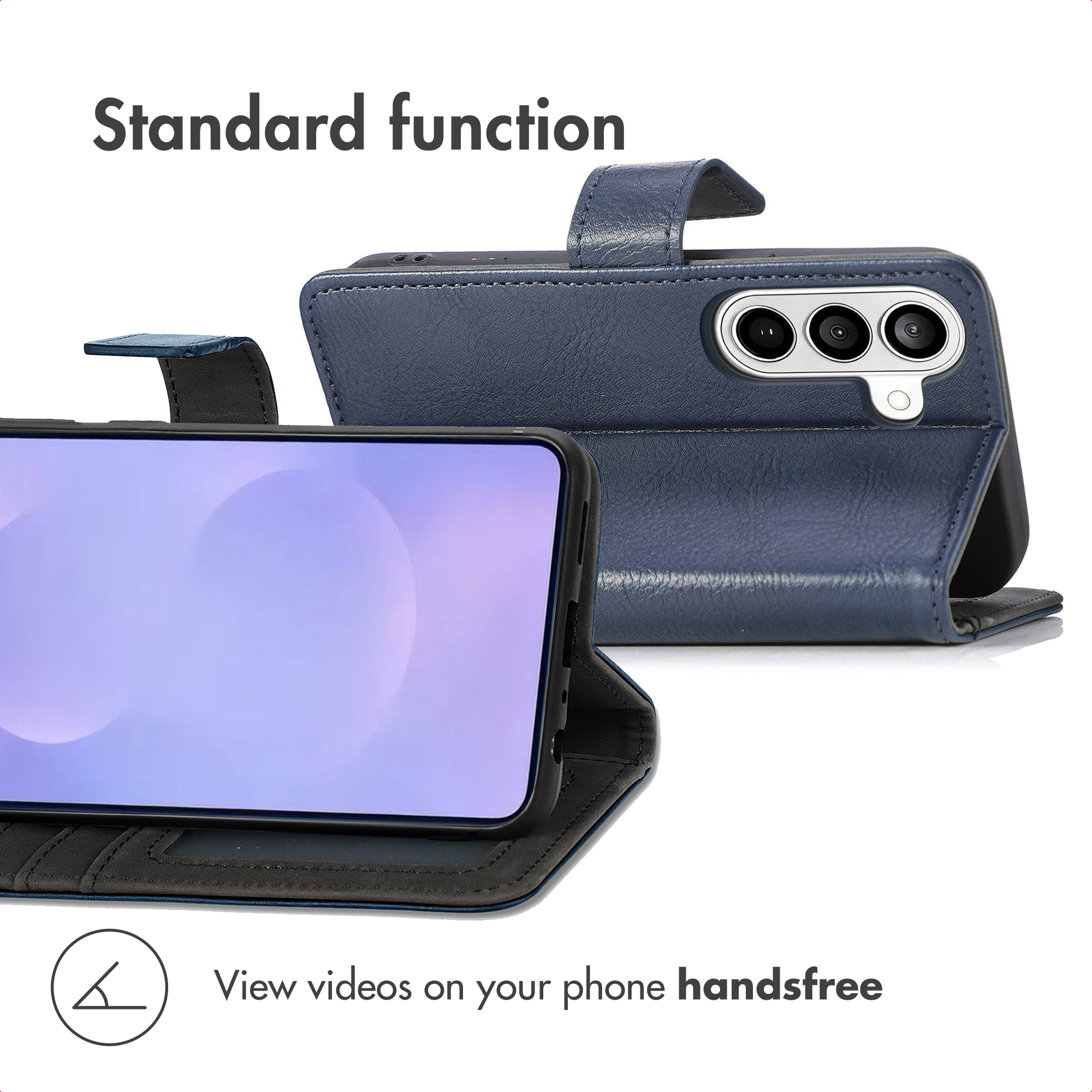 Een blauw leren telefoonhoesje met standstandfunctie, met scherm en camera.