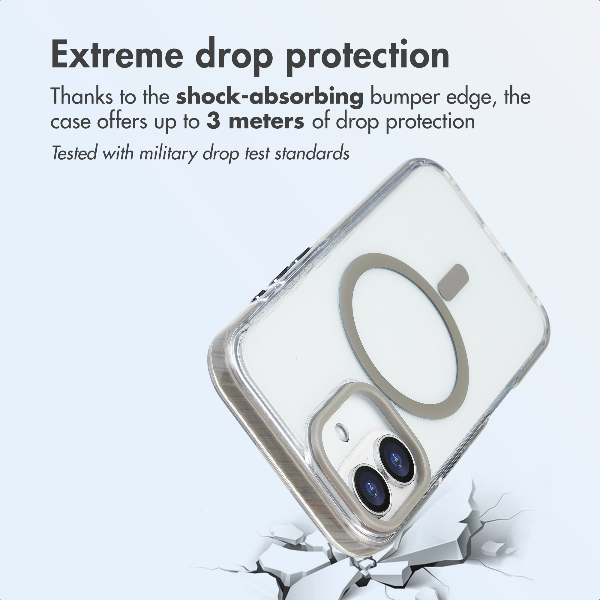 Custodia trasparente con anello MagSafe e protezione anticaduta su terreno rotto.