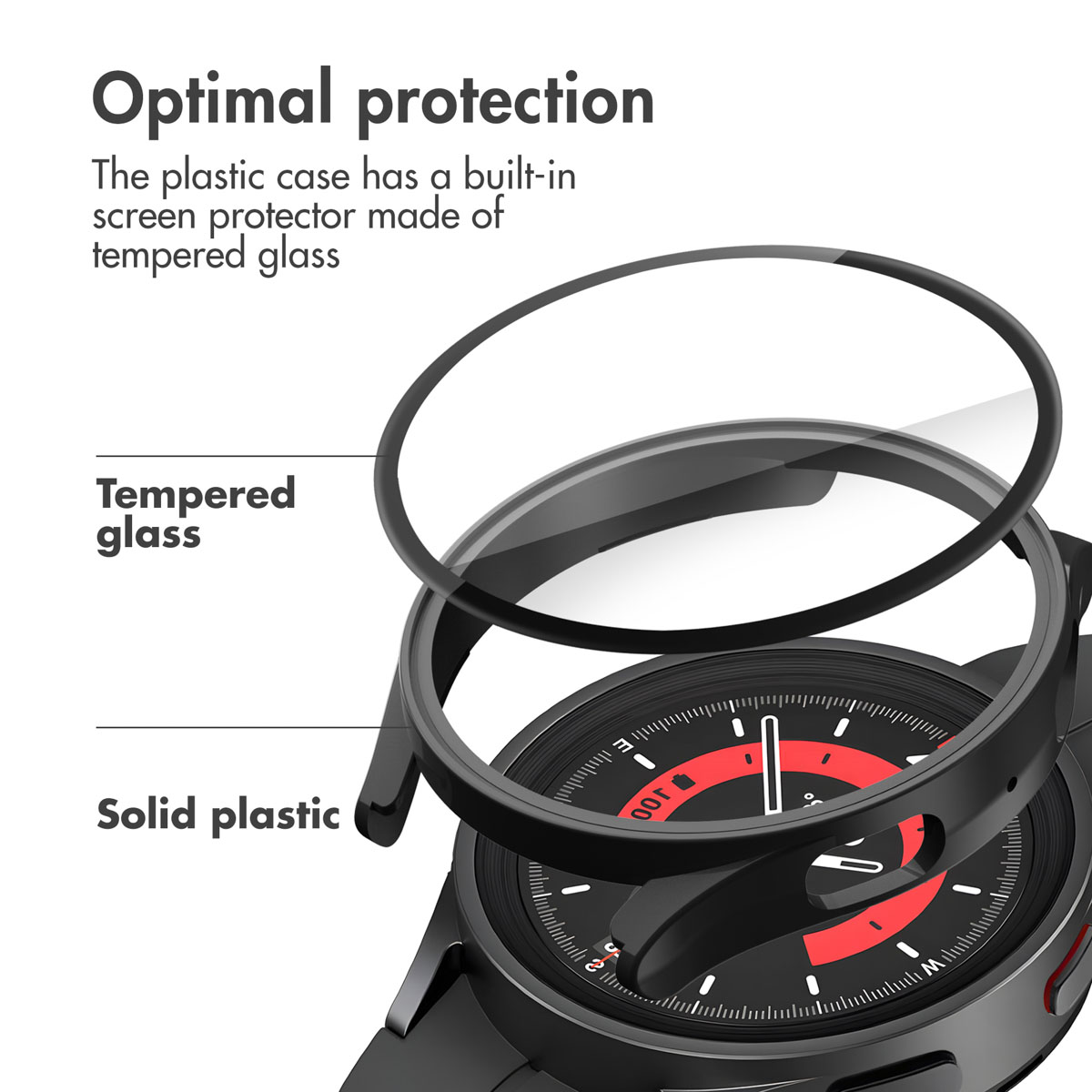 Diagrama que muestra una funda protectora para reloj inteligente con protector de vidrio templado.