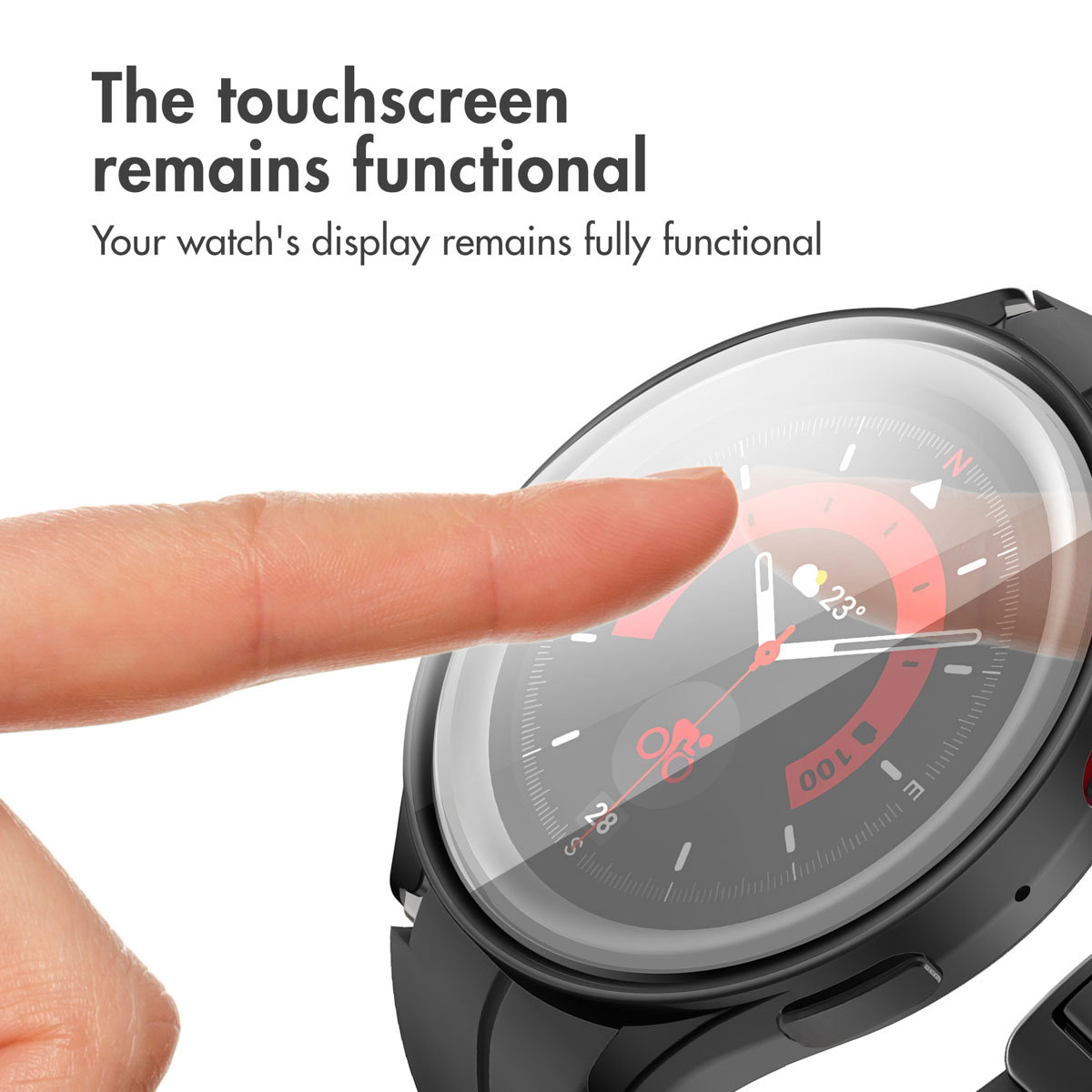 Un dedo toca la pantalla de un reloj inteligente negro con vidrio protector, demostrando su funcionalidad táctil.