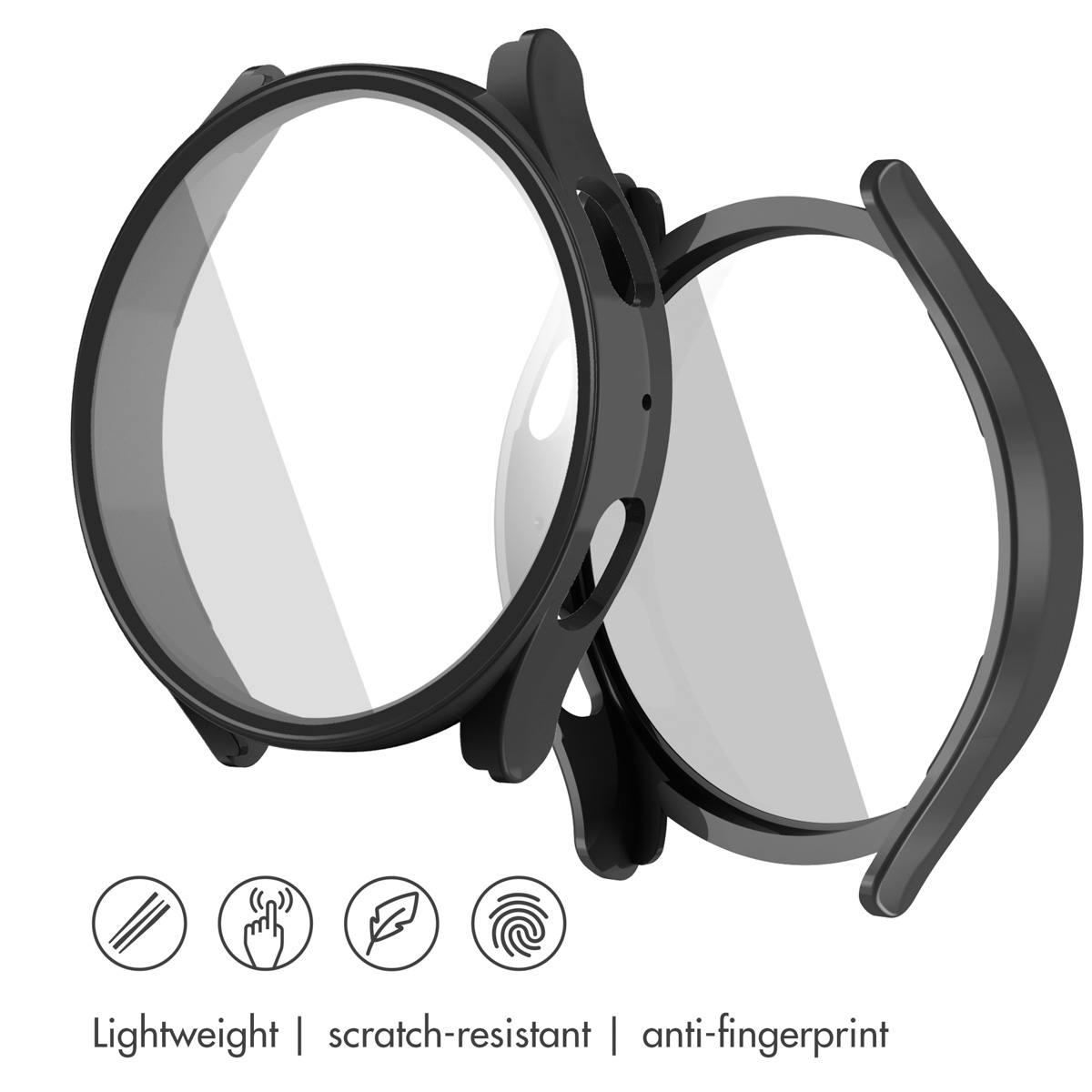 Dos fundas negras para relojes inteligentes con protectores de pantalla integrados sobre un fondo blanco.