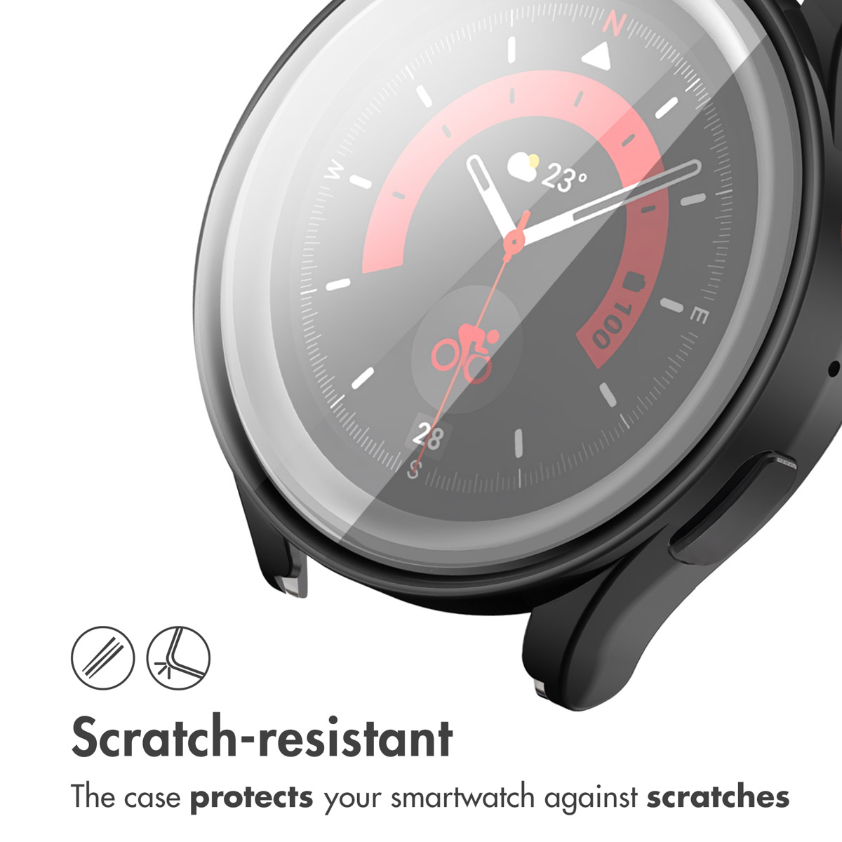 Un reloj inteligente negro con funda protectora resistente a los arañazos.