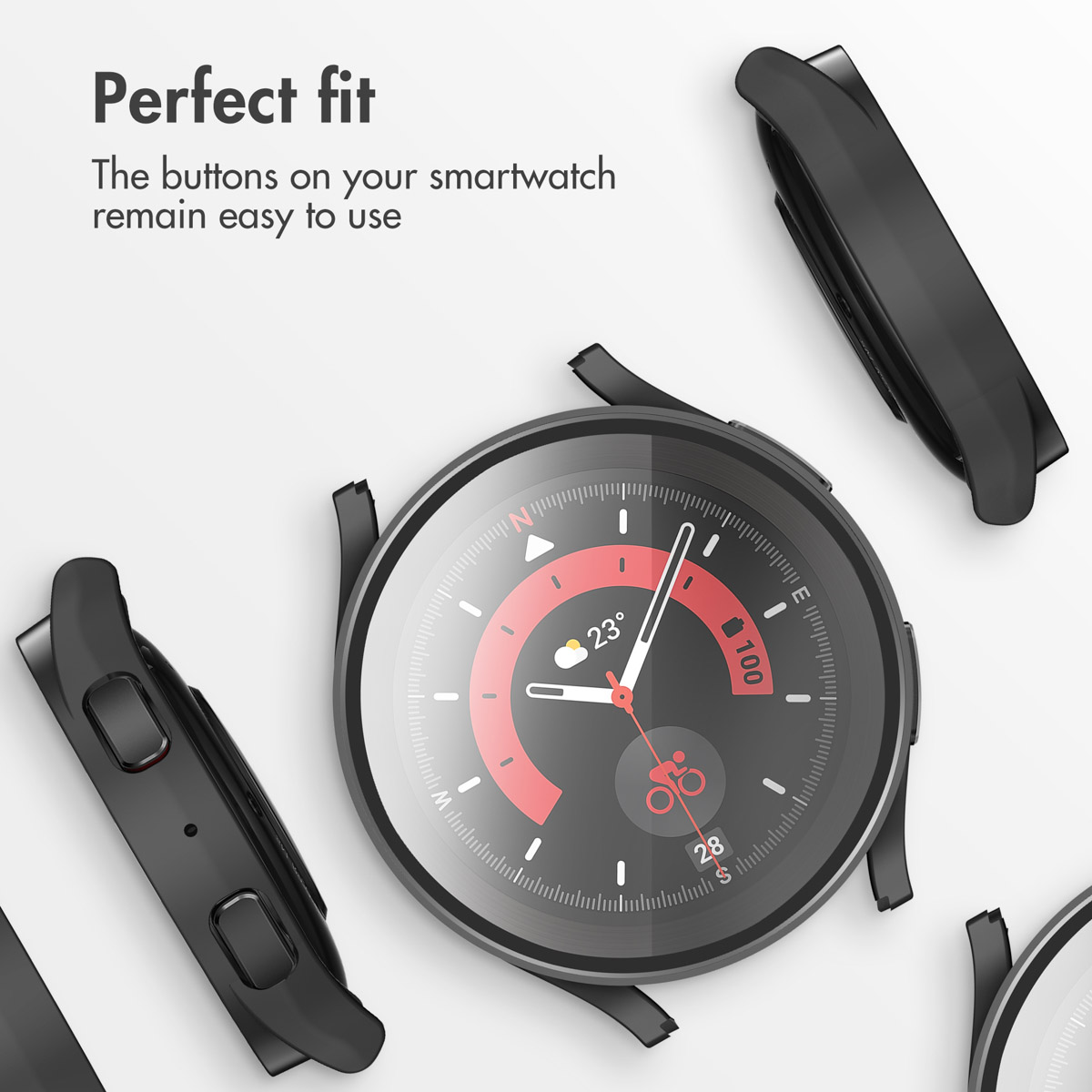 Reloj inteligente negro con accesorios sobre fondo blanco y texto sobre botones.