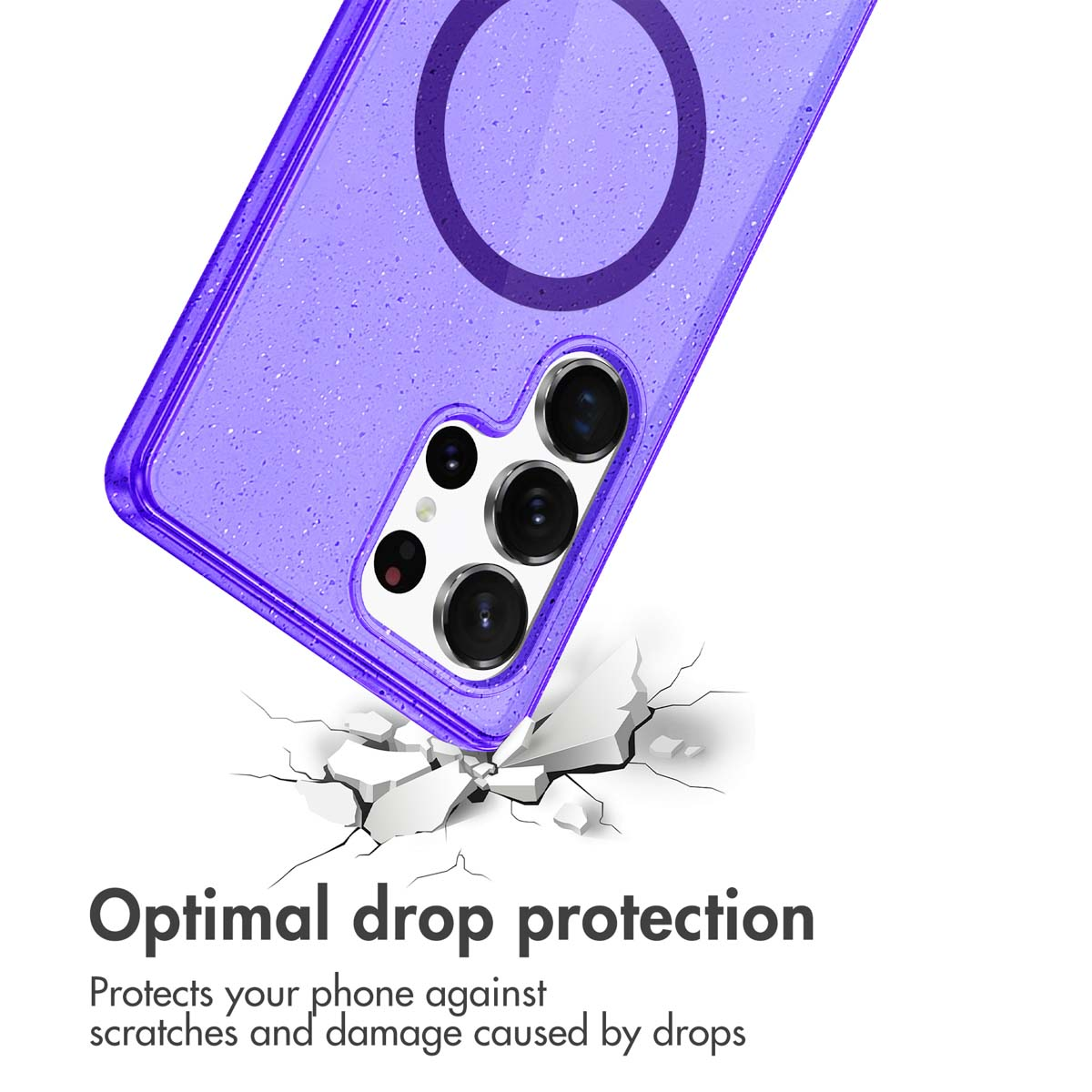Coque de téléphone violette avec anneau MagSafe sur un sol fissuré et texte de protection.