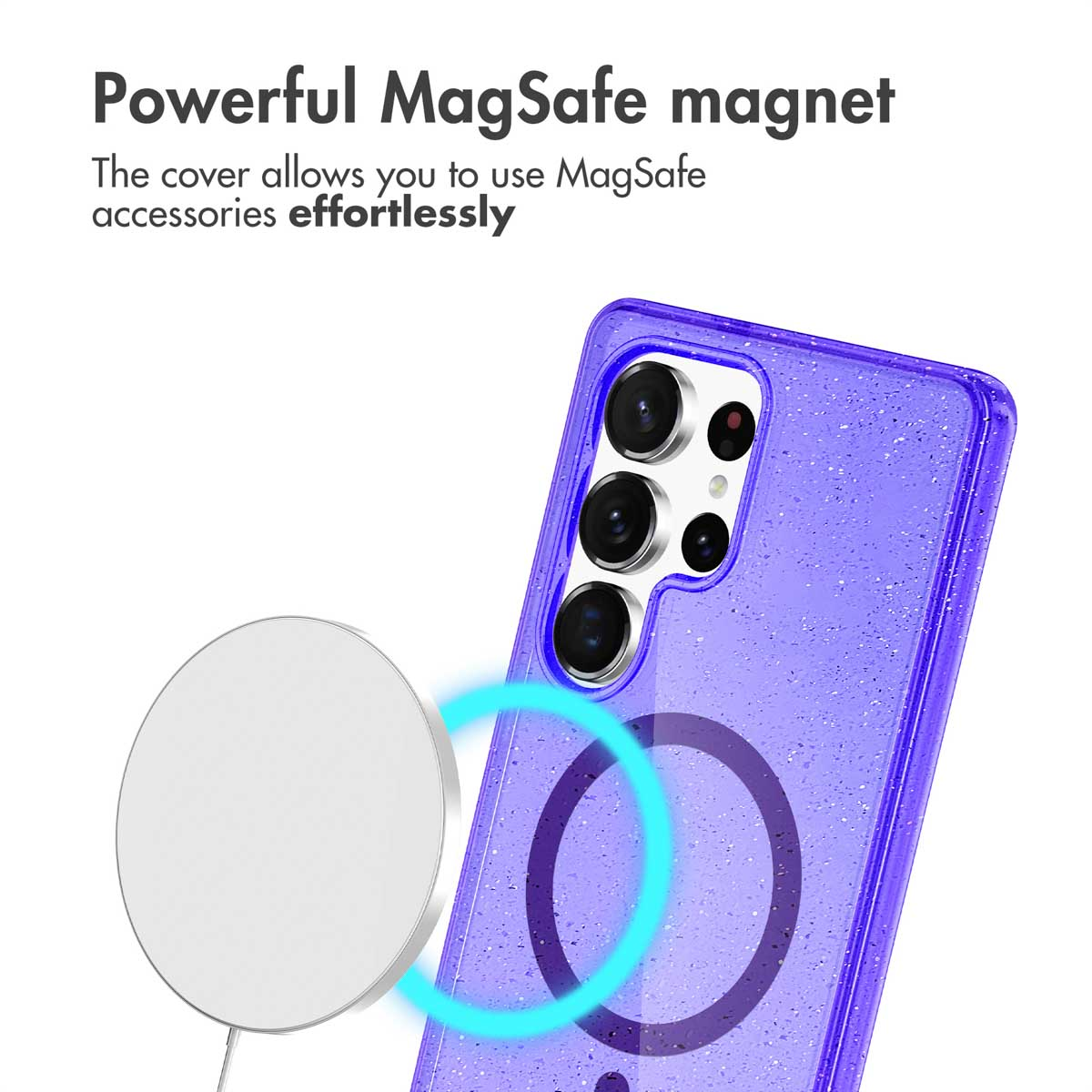 Coque de téléphone violette pailletée avec anneau magnétique MagSafe.