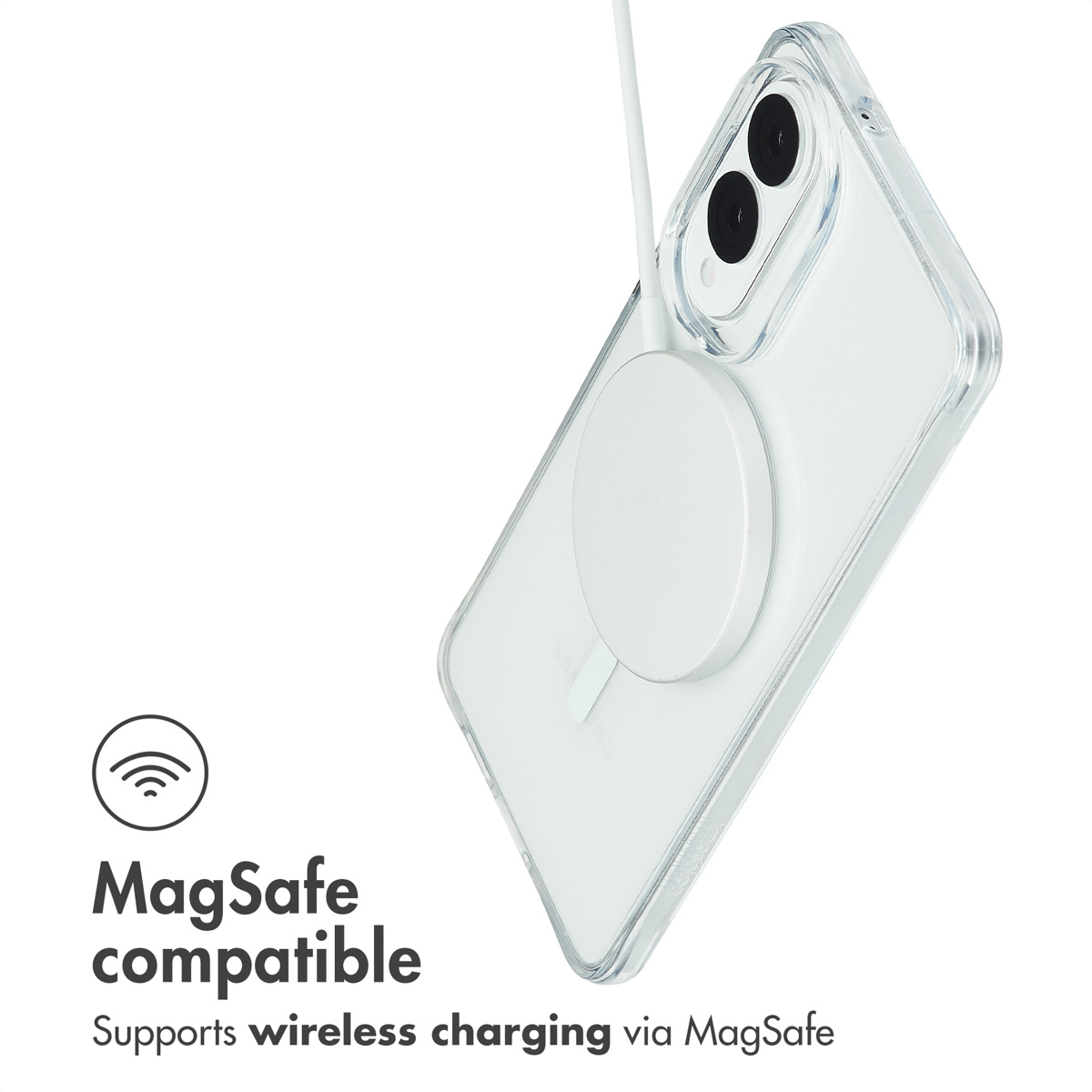Una funda transparente para móvil con un cargador MagSafe blanco en la parte trasera, sobre fondo blanco.