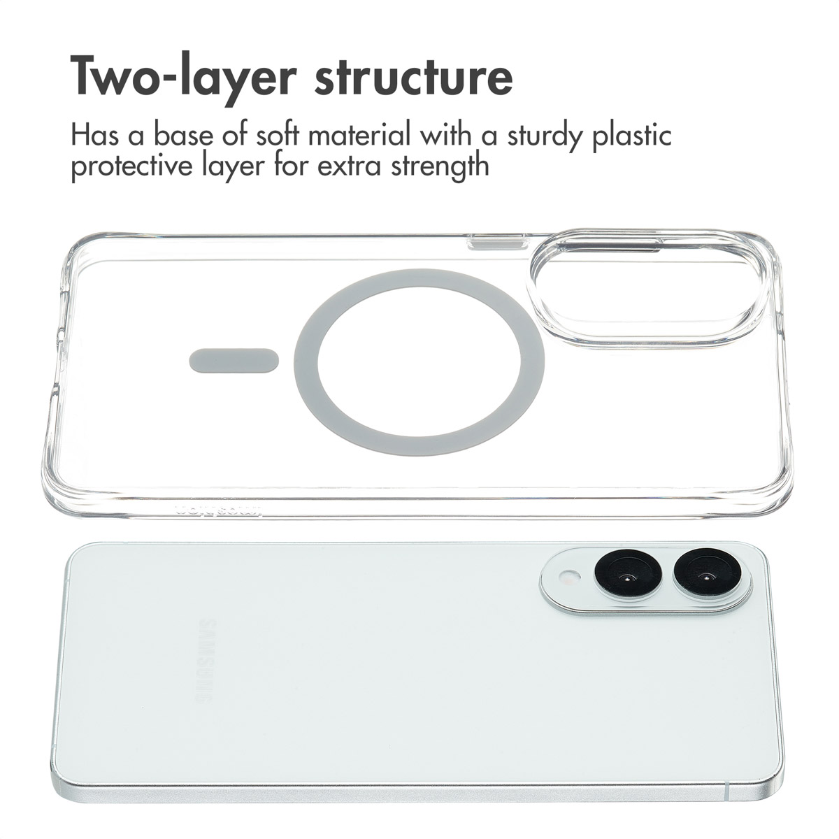 Funda de teléfono transparente con anillo magnético y un smartphone blanco con dos cámaras.