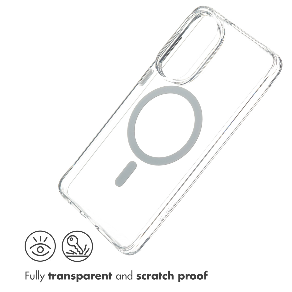 Funda de teléfono transparente con anillo magnético, iconos de ojo y llave, y texto.