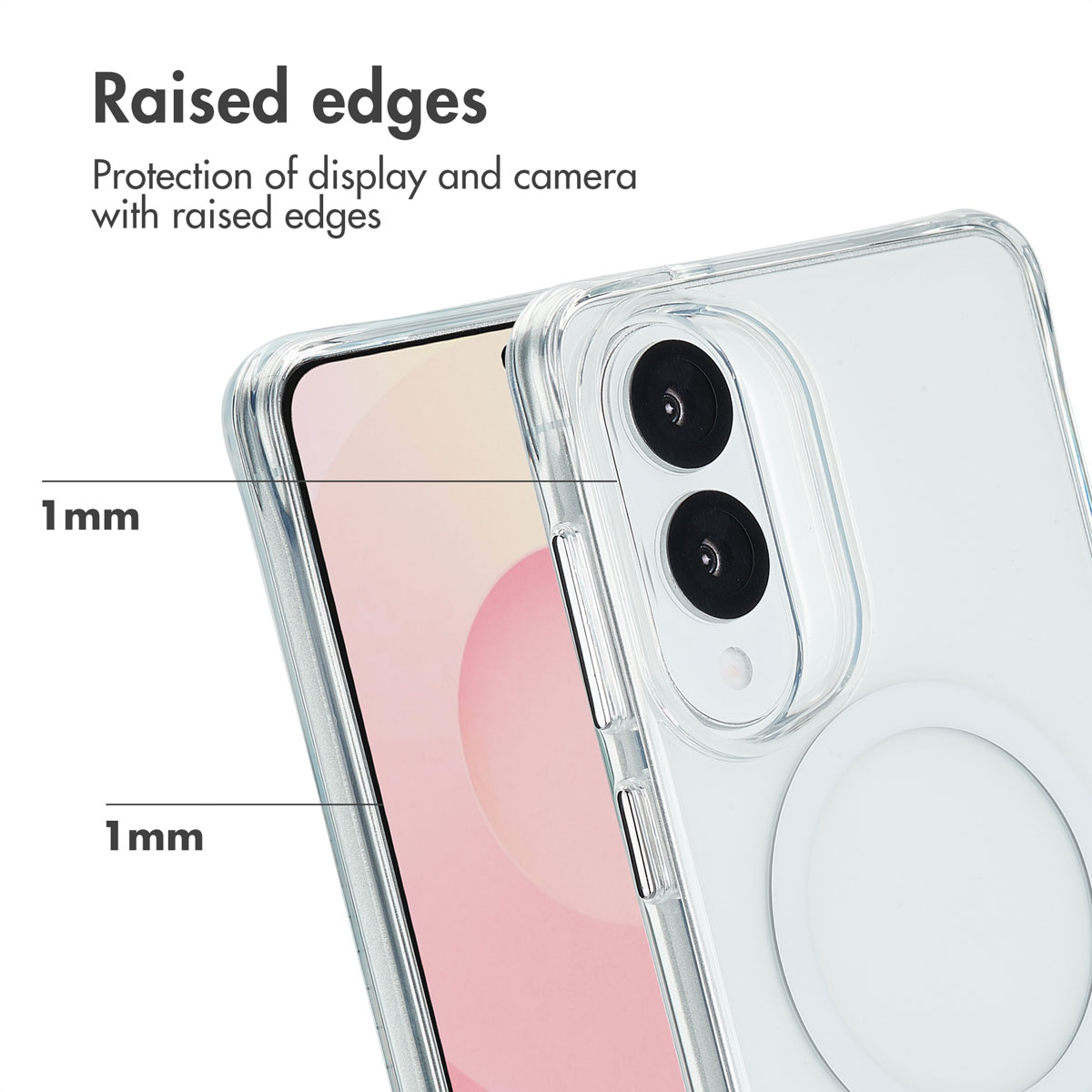 Funda protectora transparente con bordes elevados de 1 mm para pantalla y cámara.