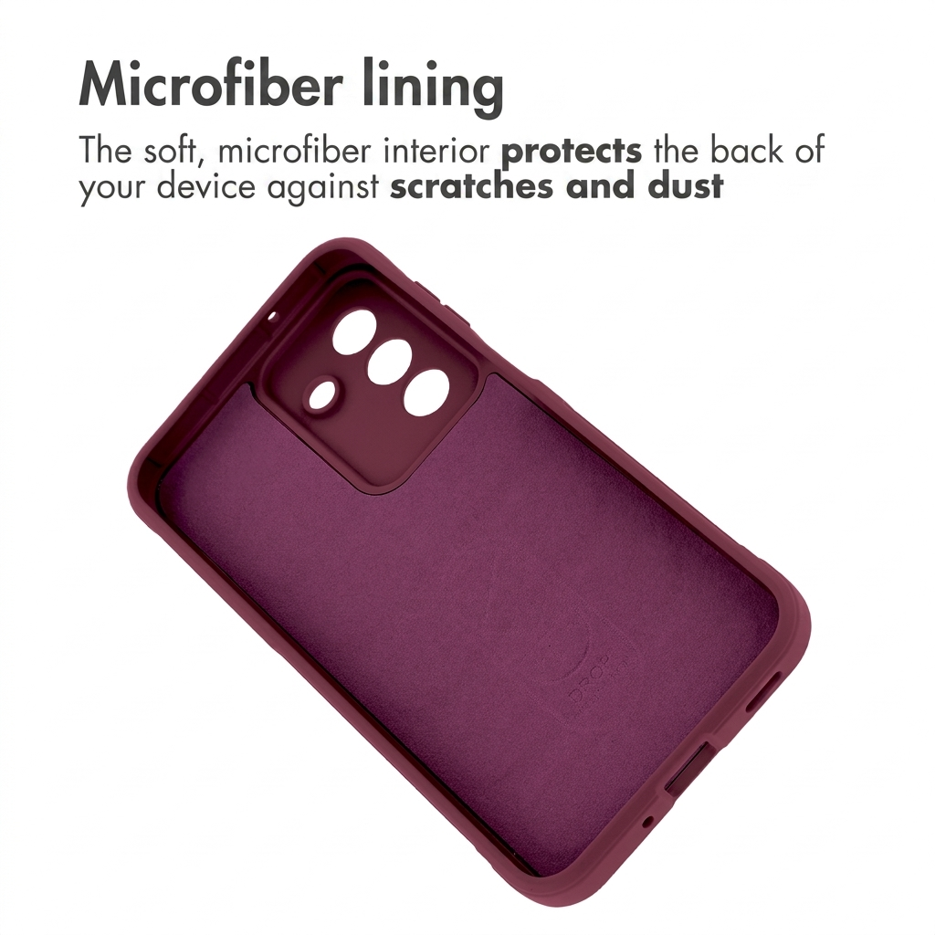 Interior de funda de móvil granate con forro de microfibra y texto arriba.